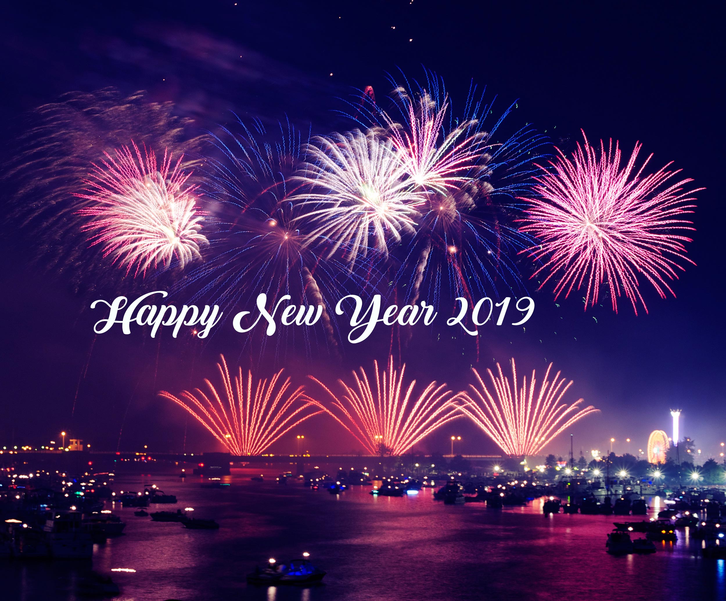 Free download wallpaper Night, City, Holiday, Fireworks, Happy New Year, New Year 2019 on your PC desktop