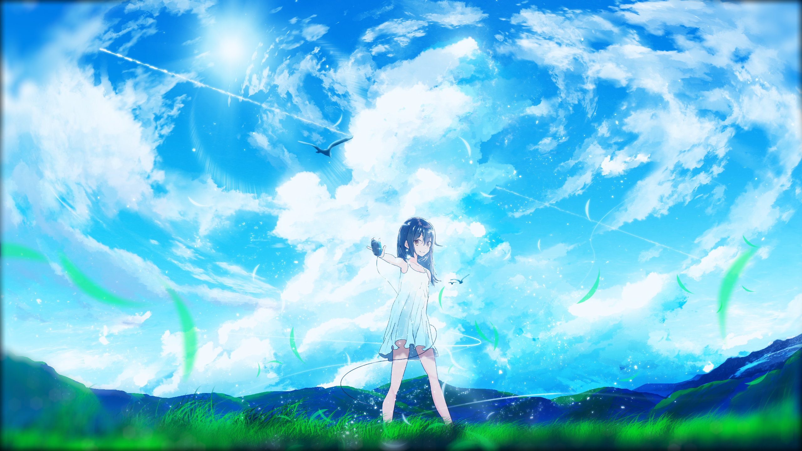 Free download wallpaper Anime, Bird, Original, Blue Hair, Long Hair on your PC desktop