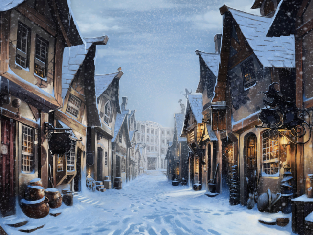 Скачать обои бесплатно Зима, Снег, Дом, Художественные, Гарри Поттер, Косой Переулок картинка на рабочий стол ПК