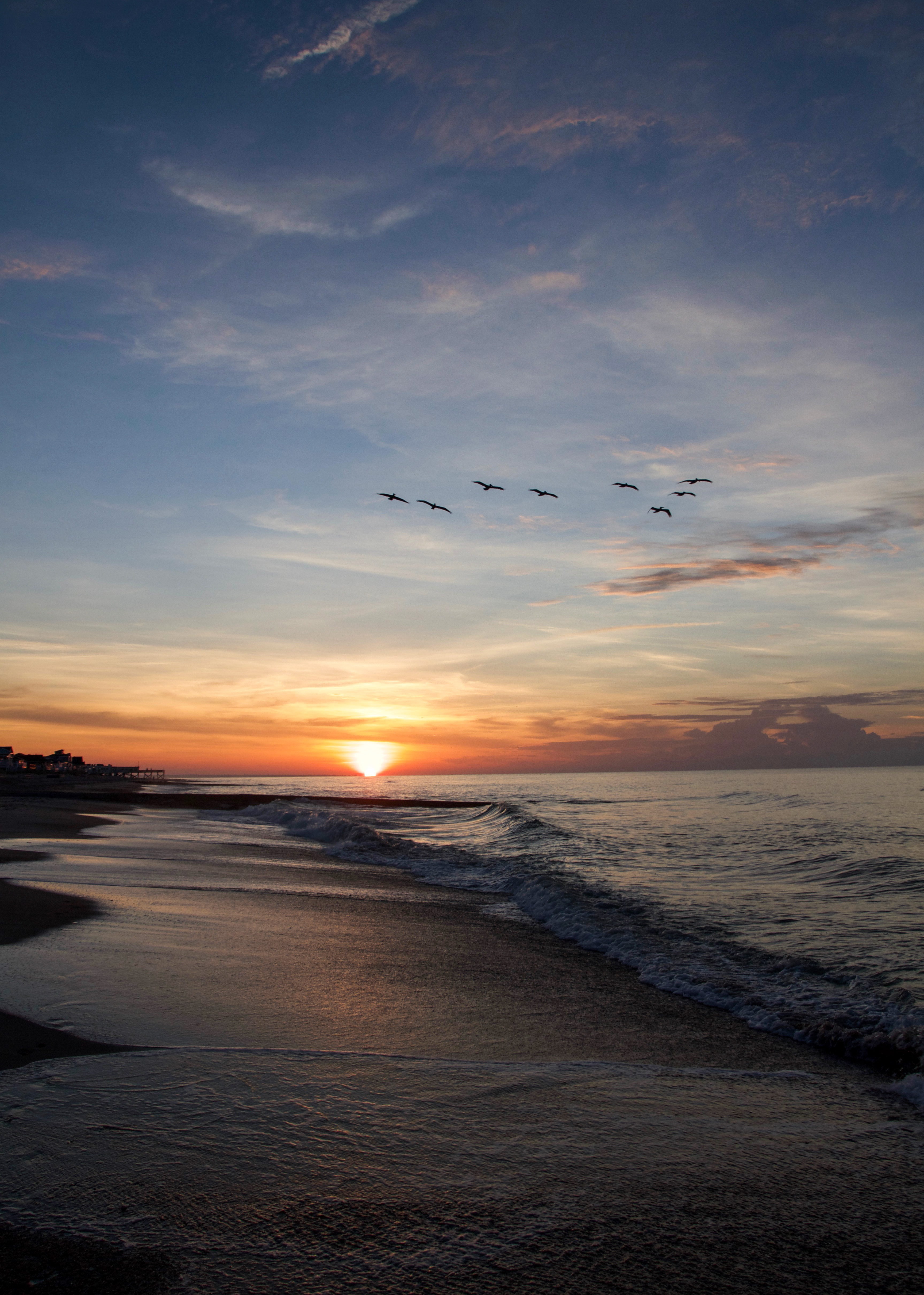 Download mobile wallpaper Horizon, Sunset, Sun, Nature, Birds for free.