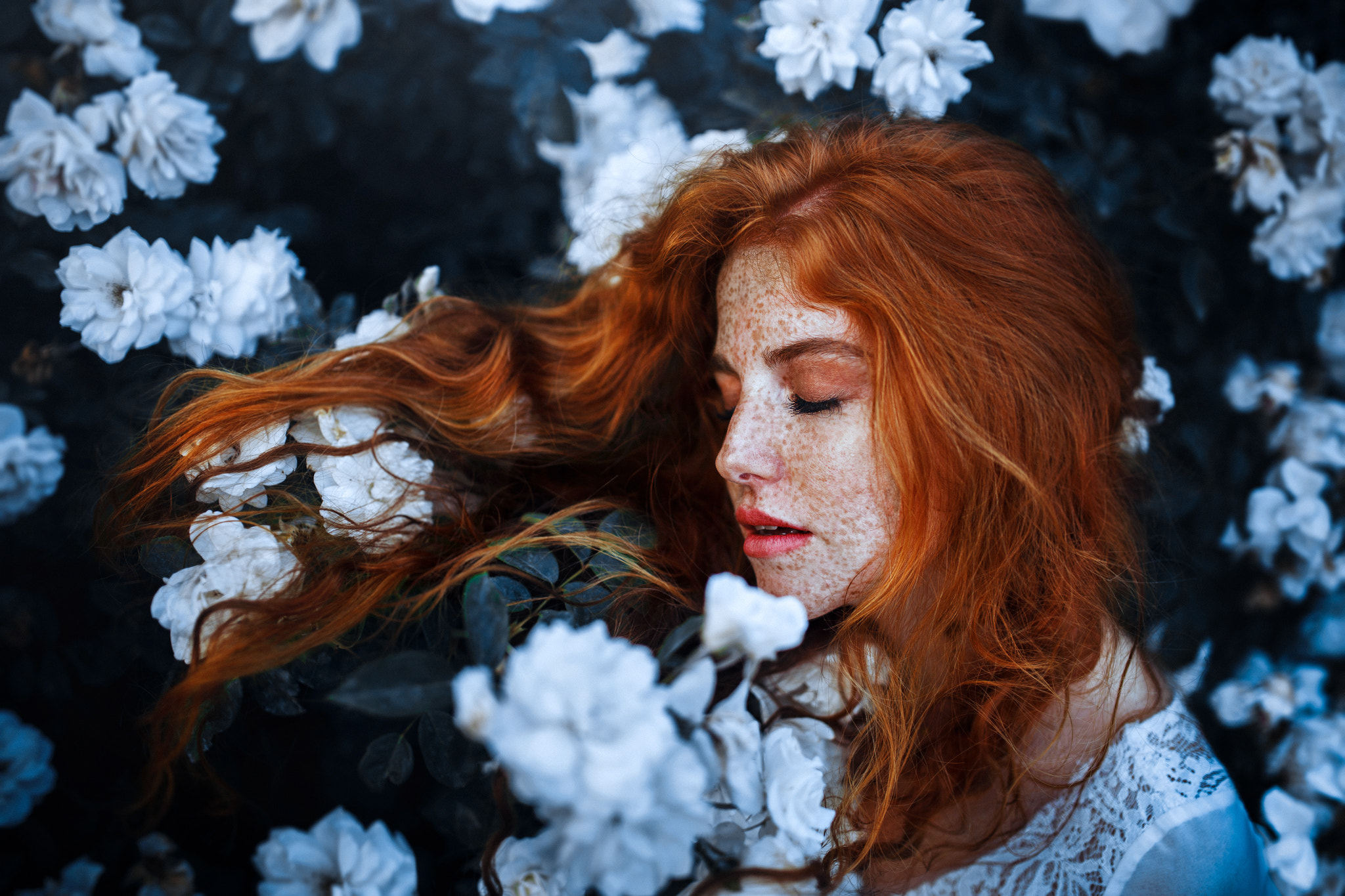 Download mobile wallpaper Redhead, Mood, Model, Women, White Flower, Freckles for free.