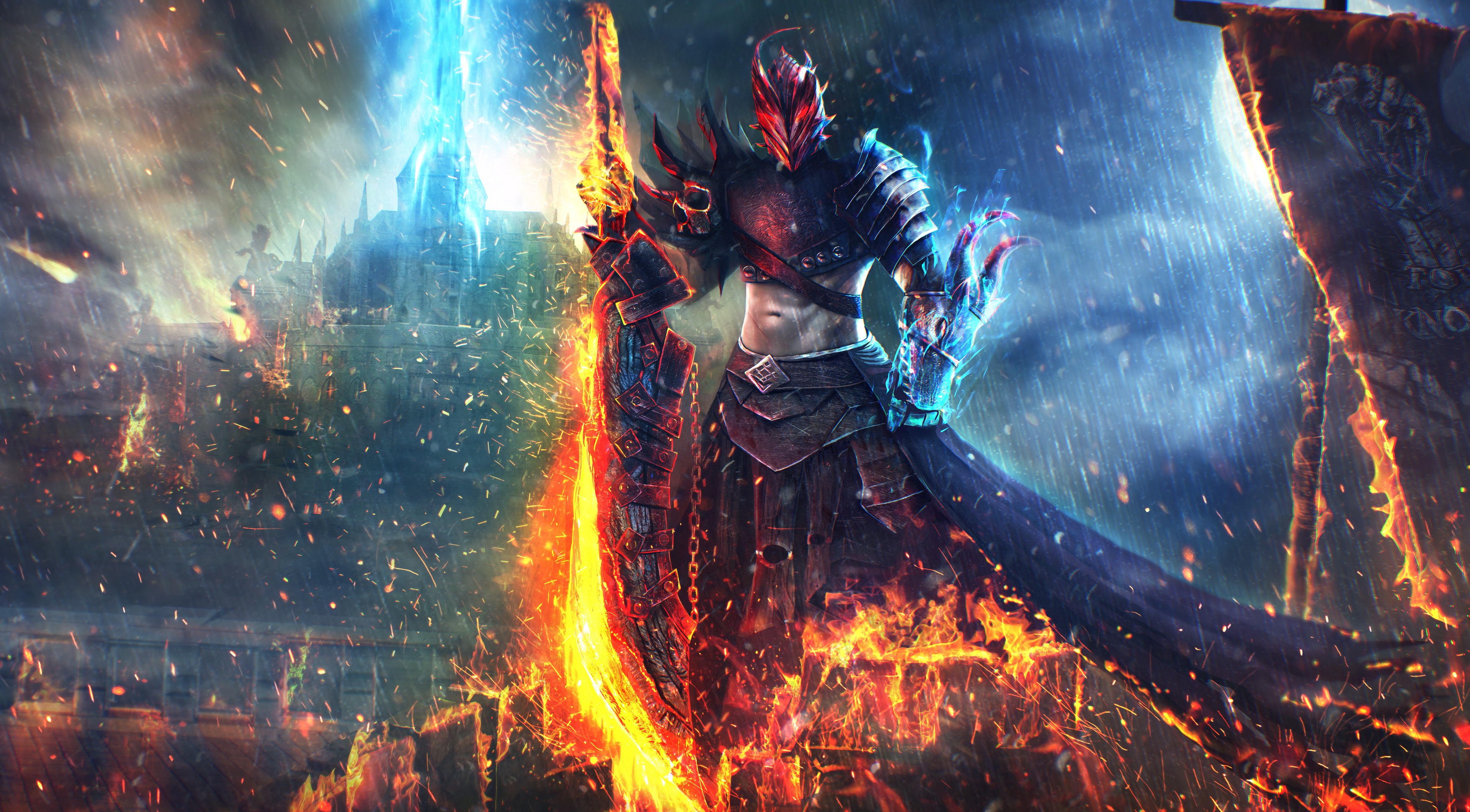 Free download wallpaper Rain, Fire, Warrior, Armor, Sword, Video Game, Guild Wars 2, Guild Wars on your PC desktop