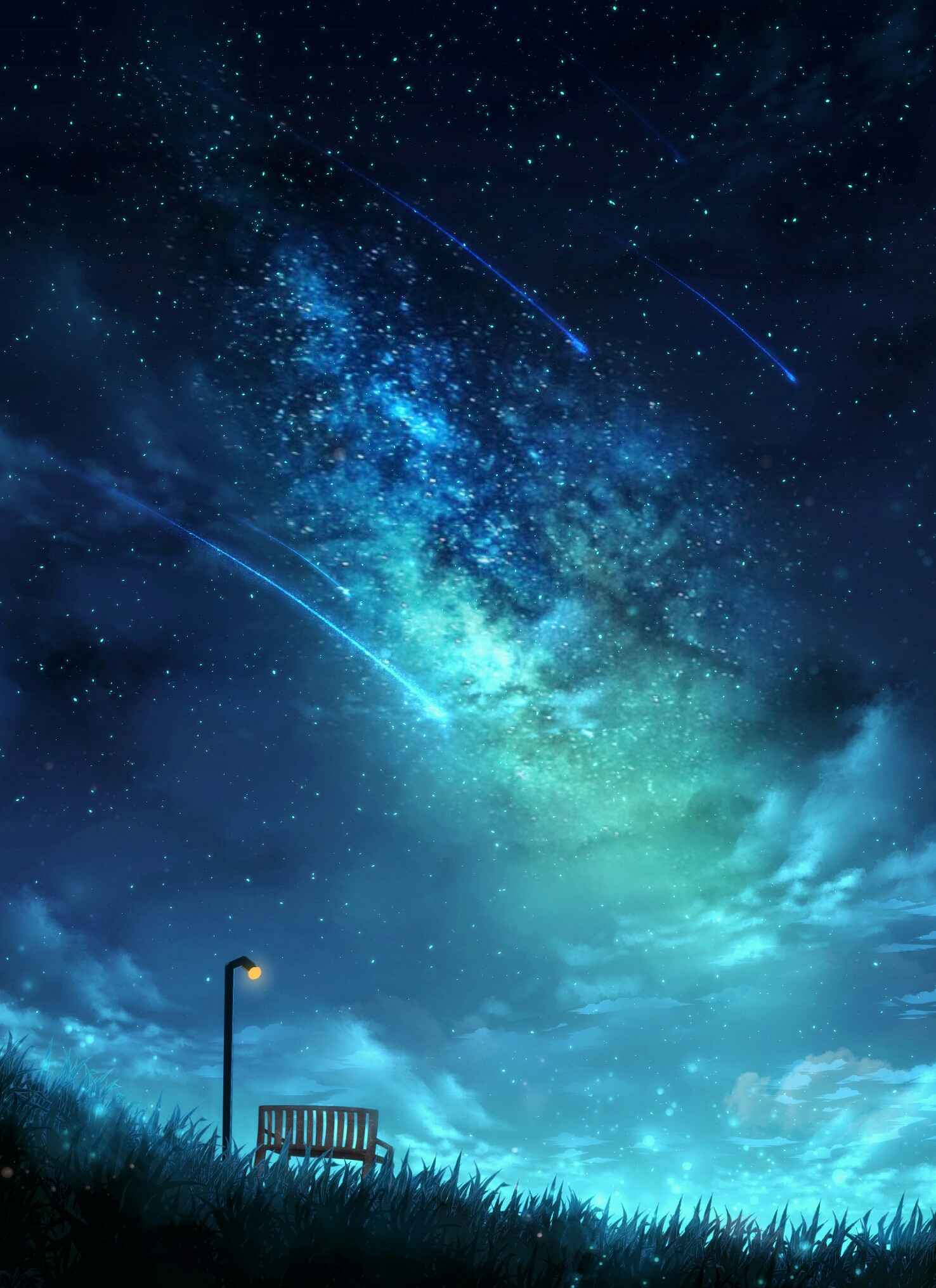 stars, art, night, starry sky, lamp, lantern, bench Desktop Wallpaper