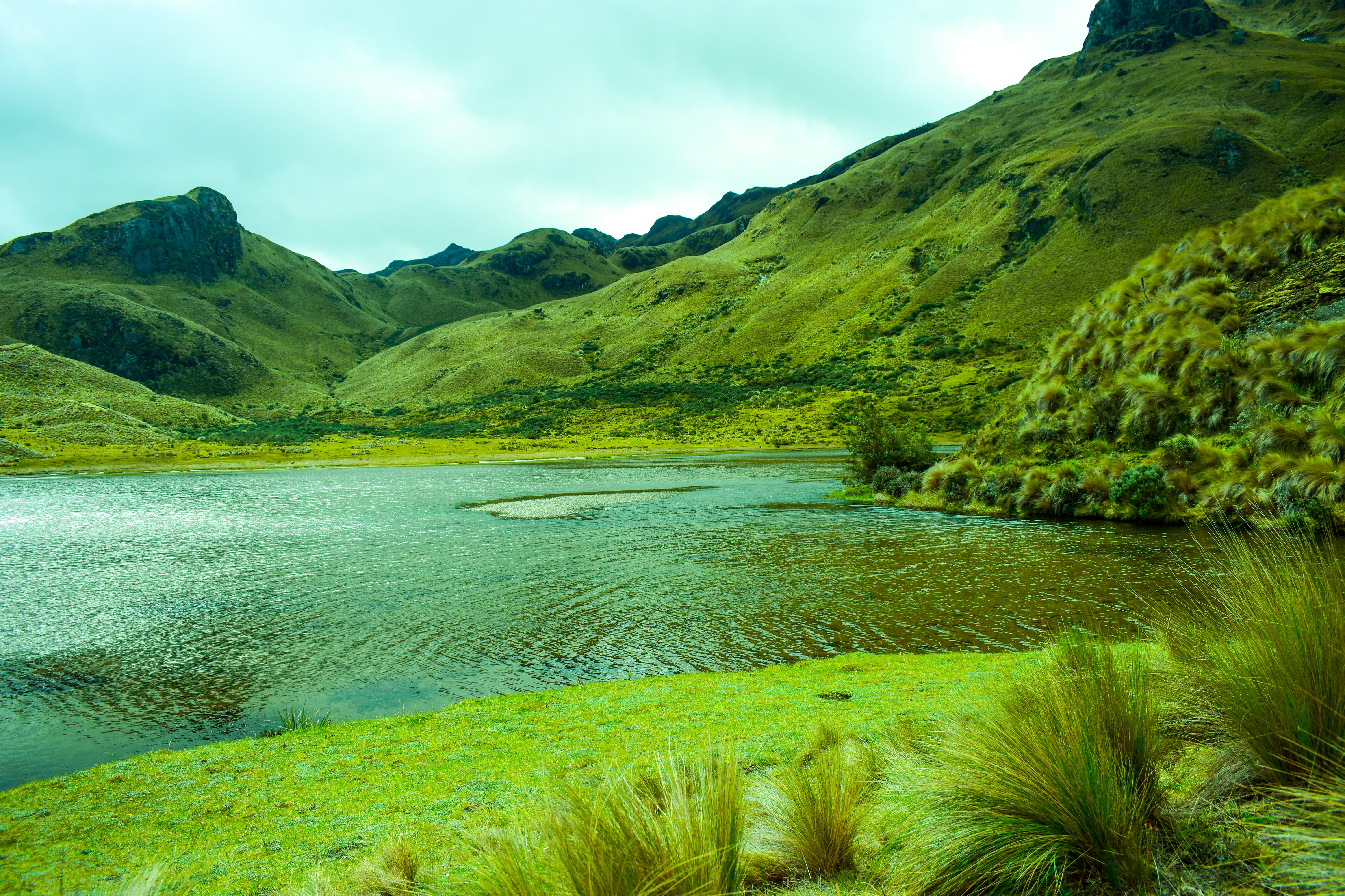 82388 скачать картинку лагуна, озеро, зеленый, природа, трава, горы - обои и заставки бесплатно