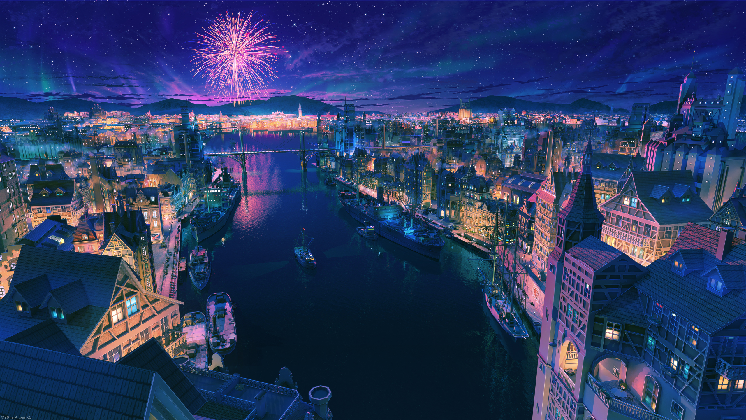 Download mobile wallpaper Anime, Stars, Night, City, Bridge, Boat, Fireworks, River for free.