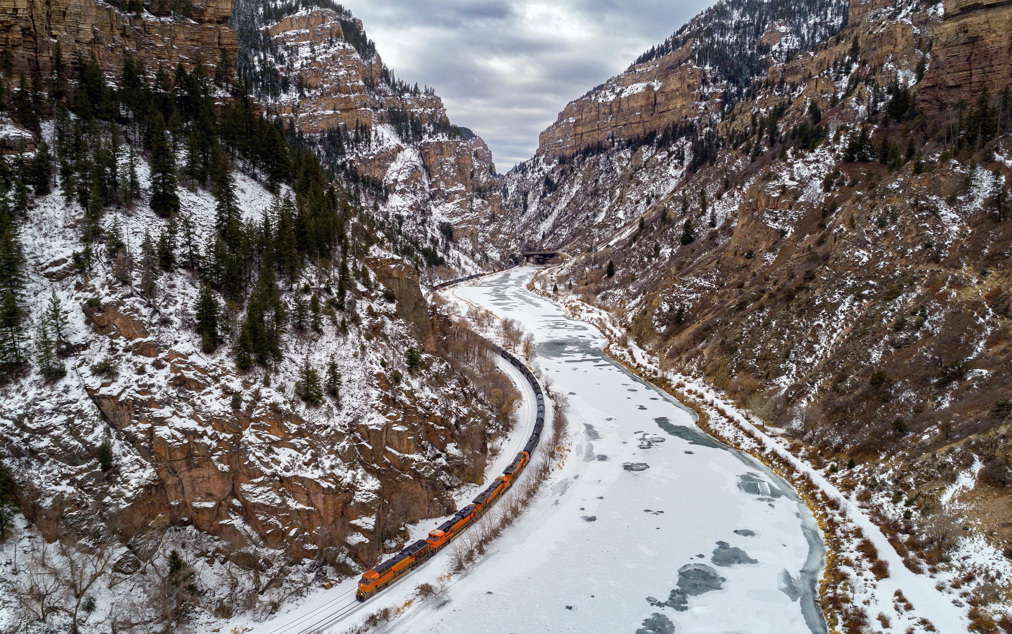 Download mobile wallpaper Winter, Nature, Mountain, Valley, Train, Vehicles for free.