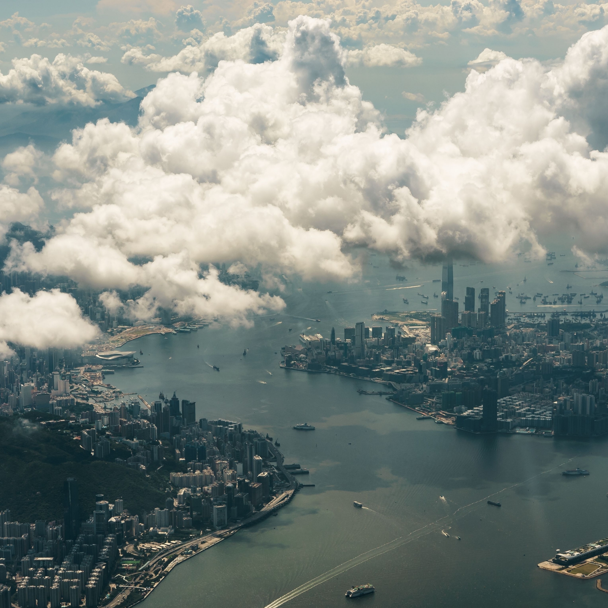 Download mobile wallpaper Cities, City, Cityscape, Cloud, Hong Kong, Aerial, Man Made for free.