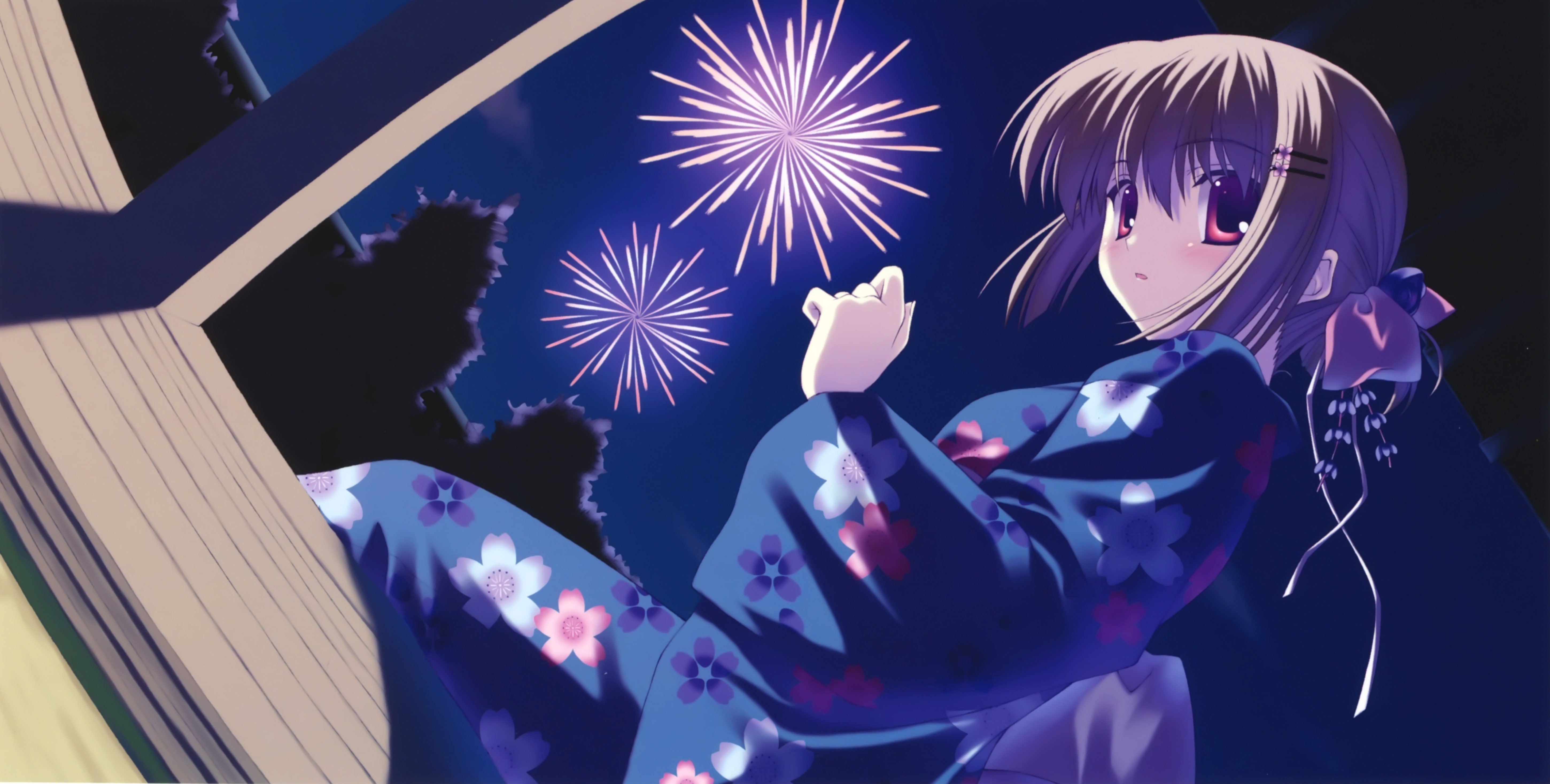 Download mobile wallpaper Anime, Fireworks, Ribbon, Original, Red Eyes, Brown Hair, Short Hair, Yukata for free.