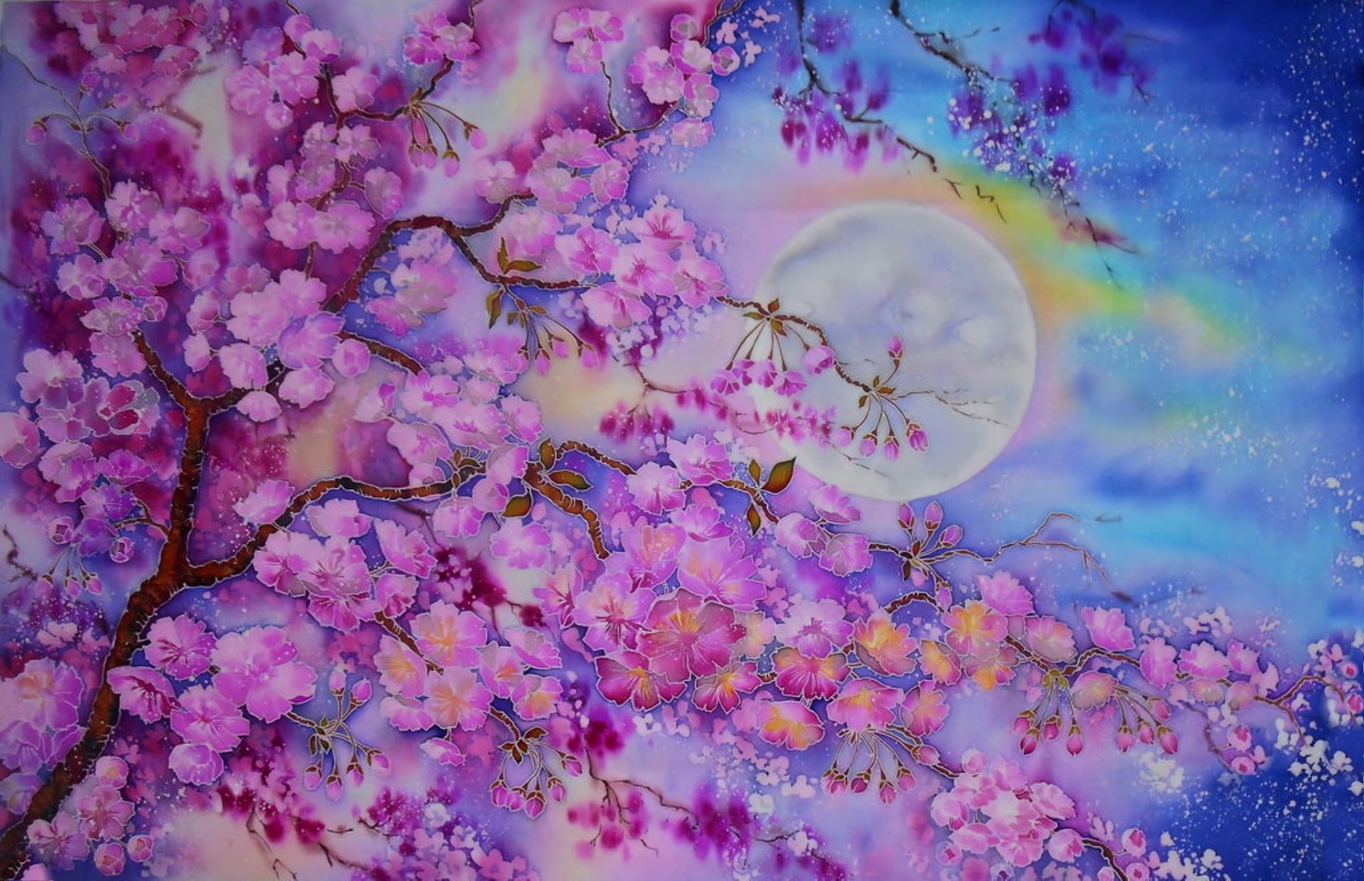 Laden Sie das Blumen, Mond, Sakura, Blume, Kirschblüte, Künstlerisch, Pinke Blume-Bild kostenlos auf Ihren PC-Desktop herunter