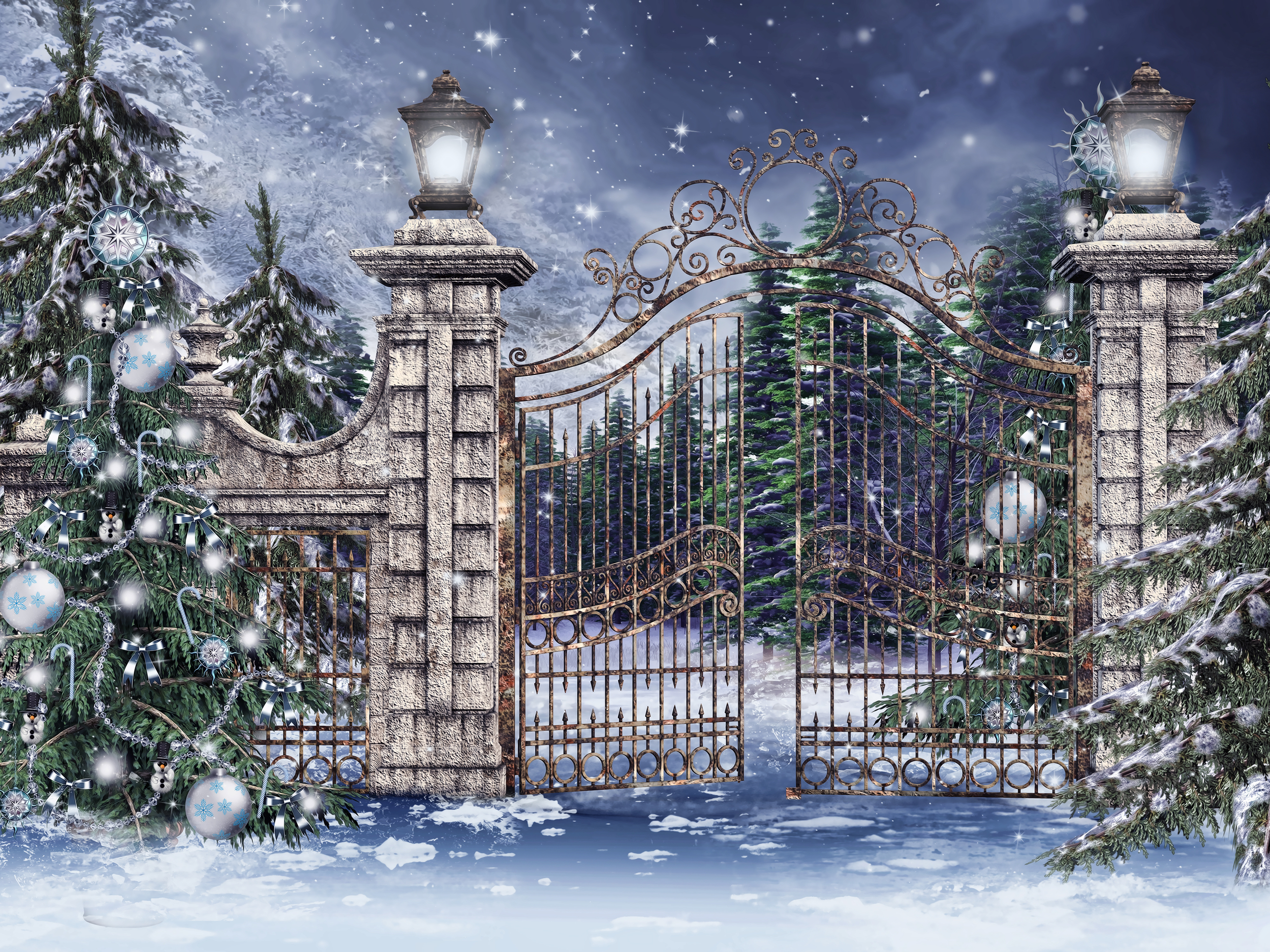 Скачать обои бесплатно Зима, Снег, Рождество, Рождественская Елка, Ворота, Художественные картинка на рабочий стол ПК