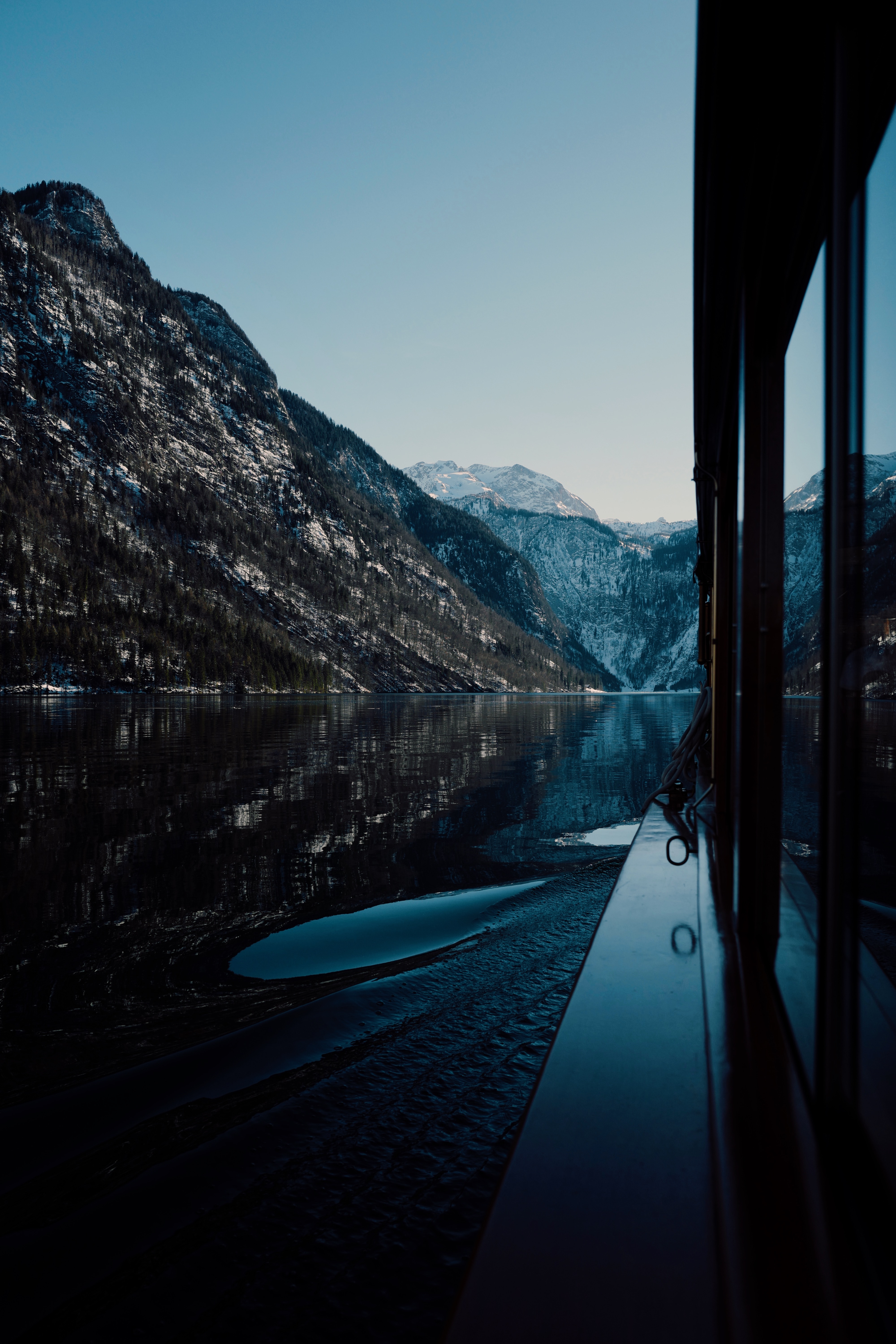 Download mobile wallpaper Lake, Mountains, Nature, Boat, Dark for free.