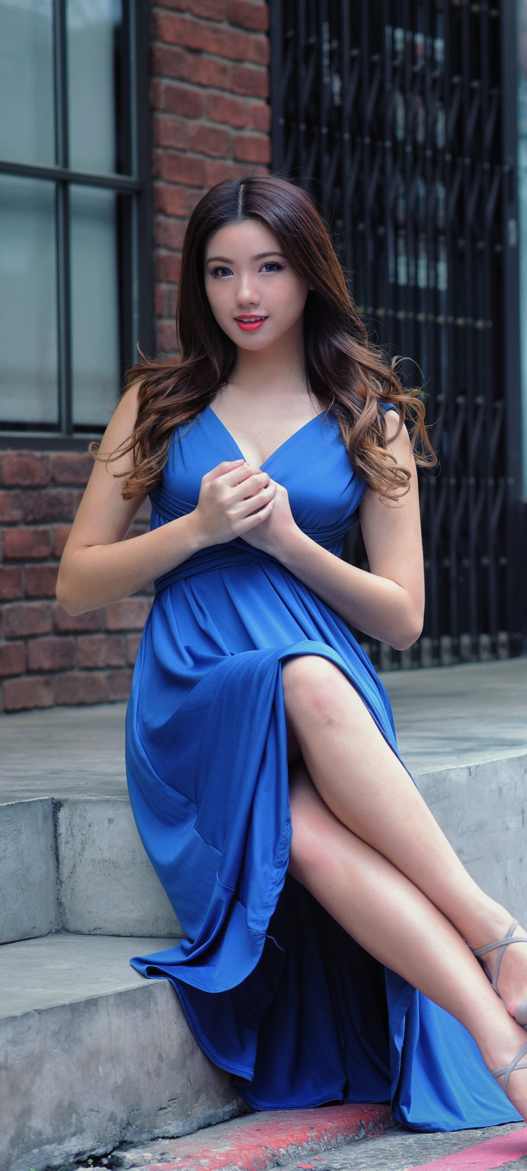 Download mobile wallpaper Brunette, Model, Women, Asian, Blue Dress for free.