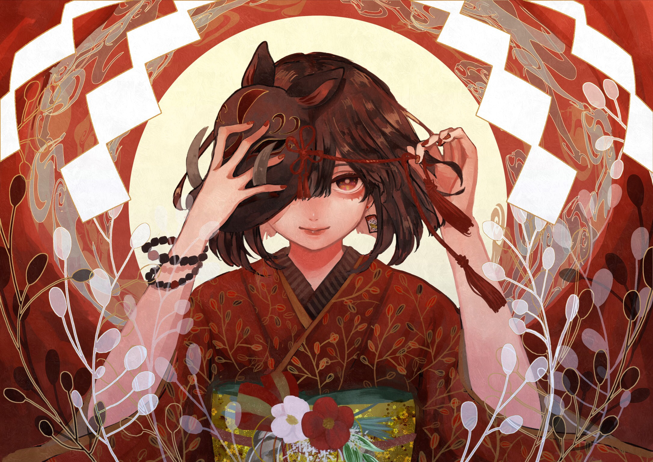 Free download wallpaper Anime, Mask, Kimono, Original, Brown Eyes, Brown Hair, Short Hair on your PC desktop