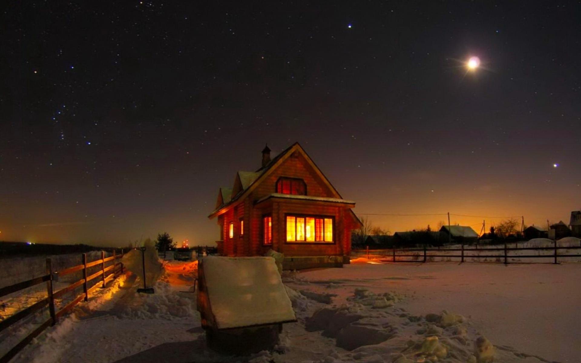 Free download wallpaper Winter, Night, Moon, Snow, Light, House, Fence, Photography on your PC desktop