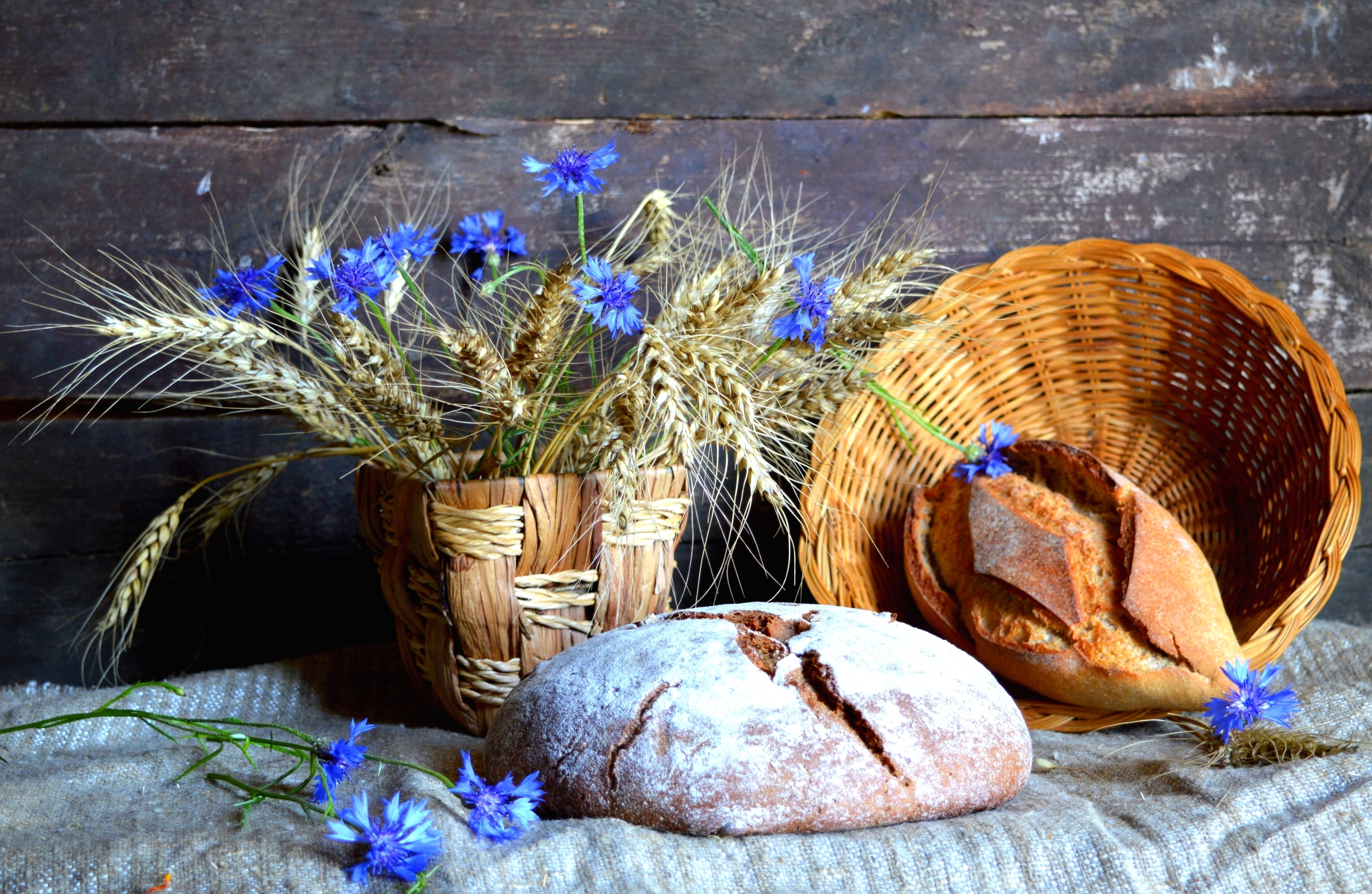 food, bread, basket, blue flower, flower, still life