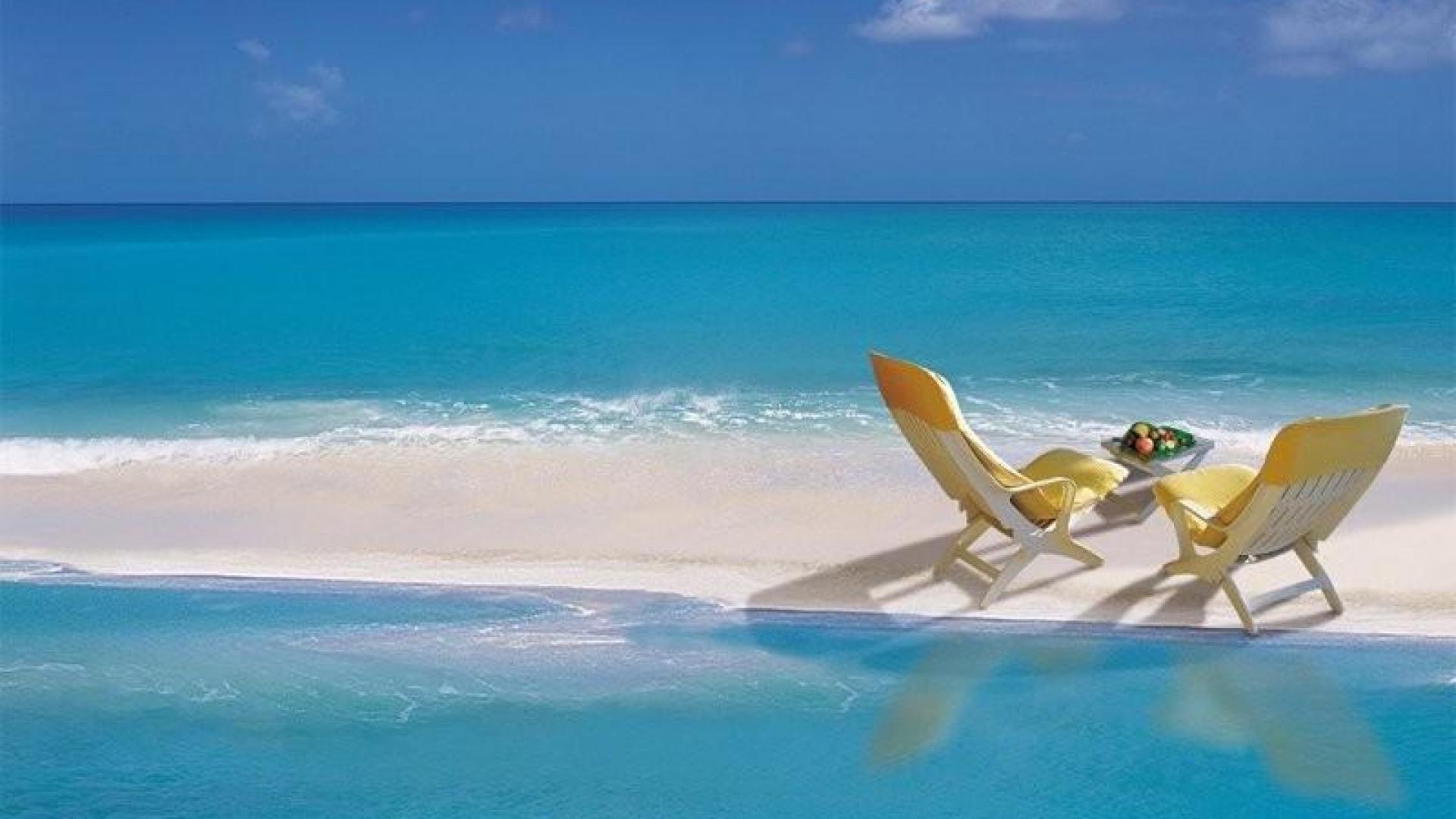 Download mobile wallpaper Sea, Horizon, Chair, Ocean, Furniture, Tropical, Man Made for free.
