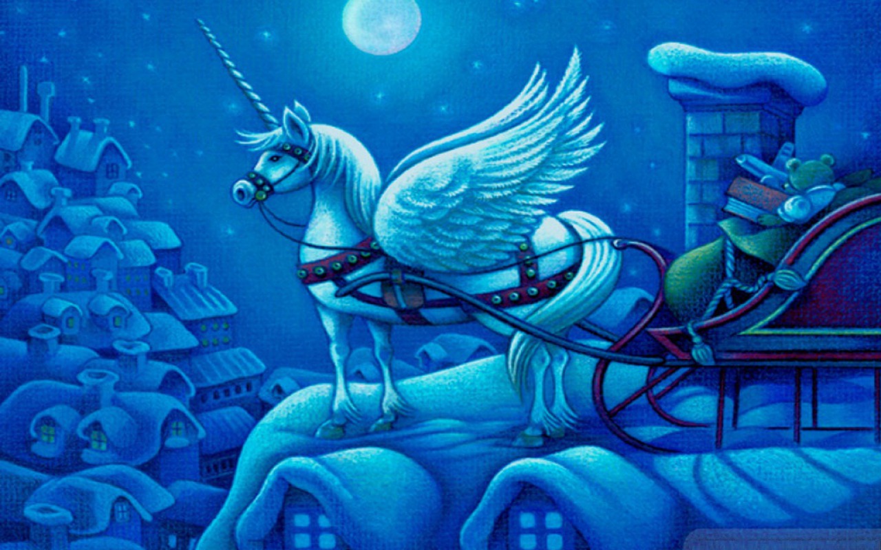 Download mobile wallpaper Christmas, Holiday, Unicorn, Sleigh for free.