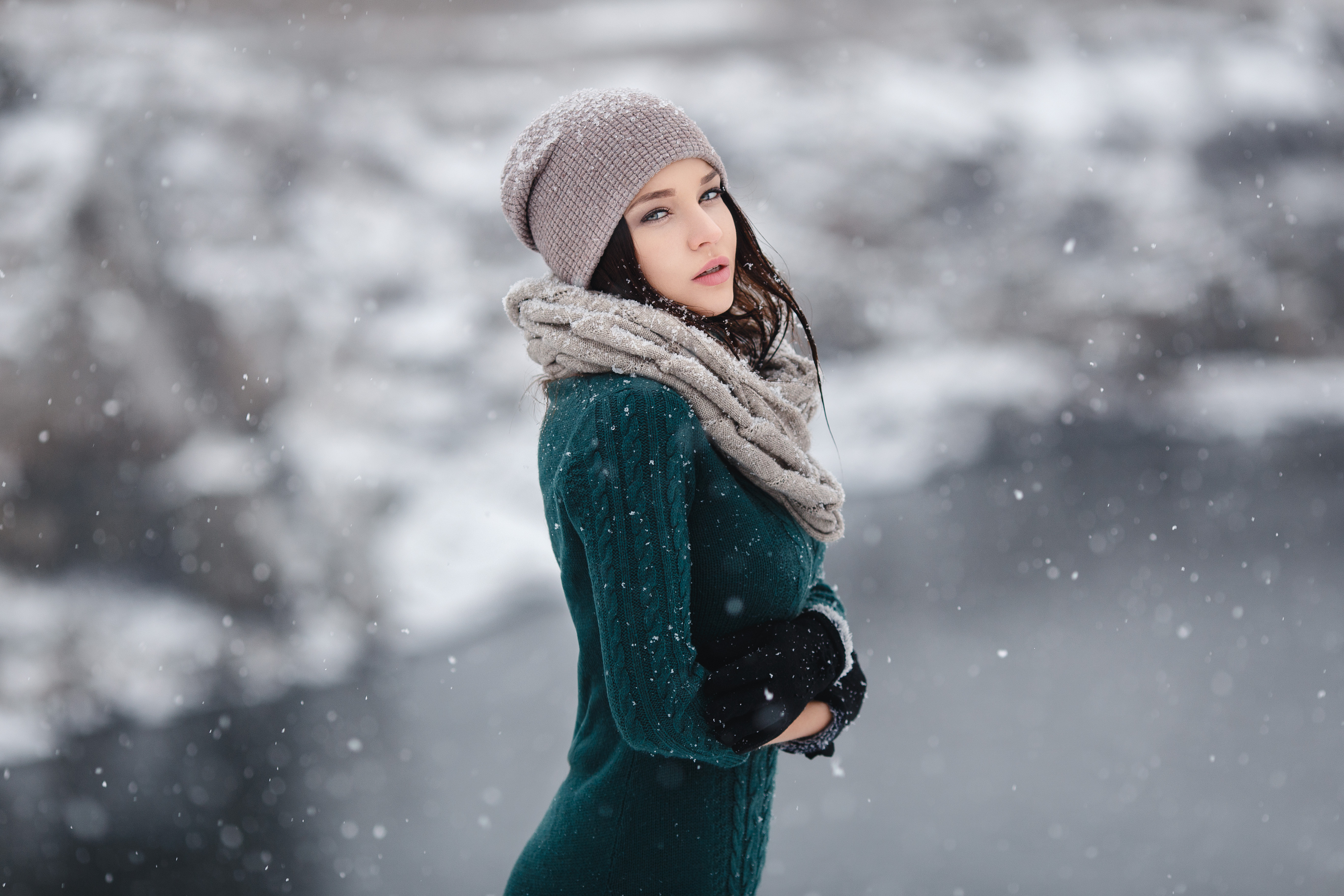 angelina petrova, women, hat, model, scarf, snowfall, winter
