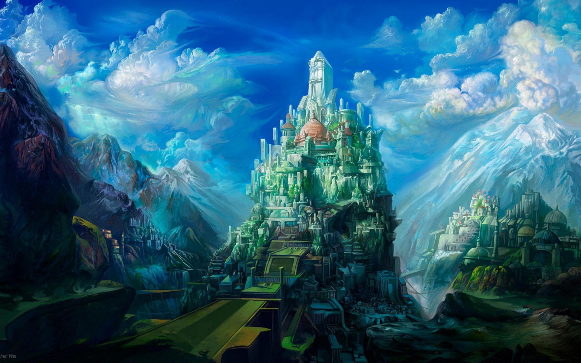 fantasy, city, cloud, mountain, town cell phone wallpapers