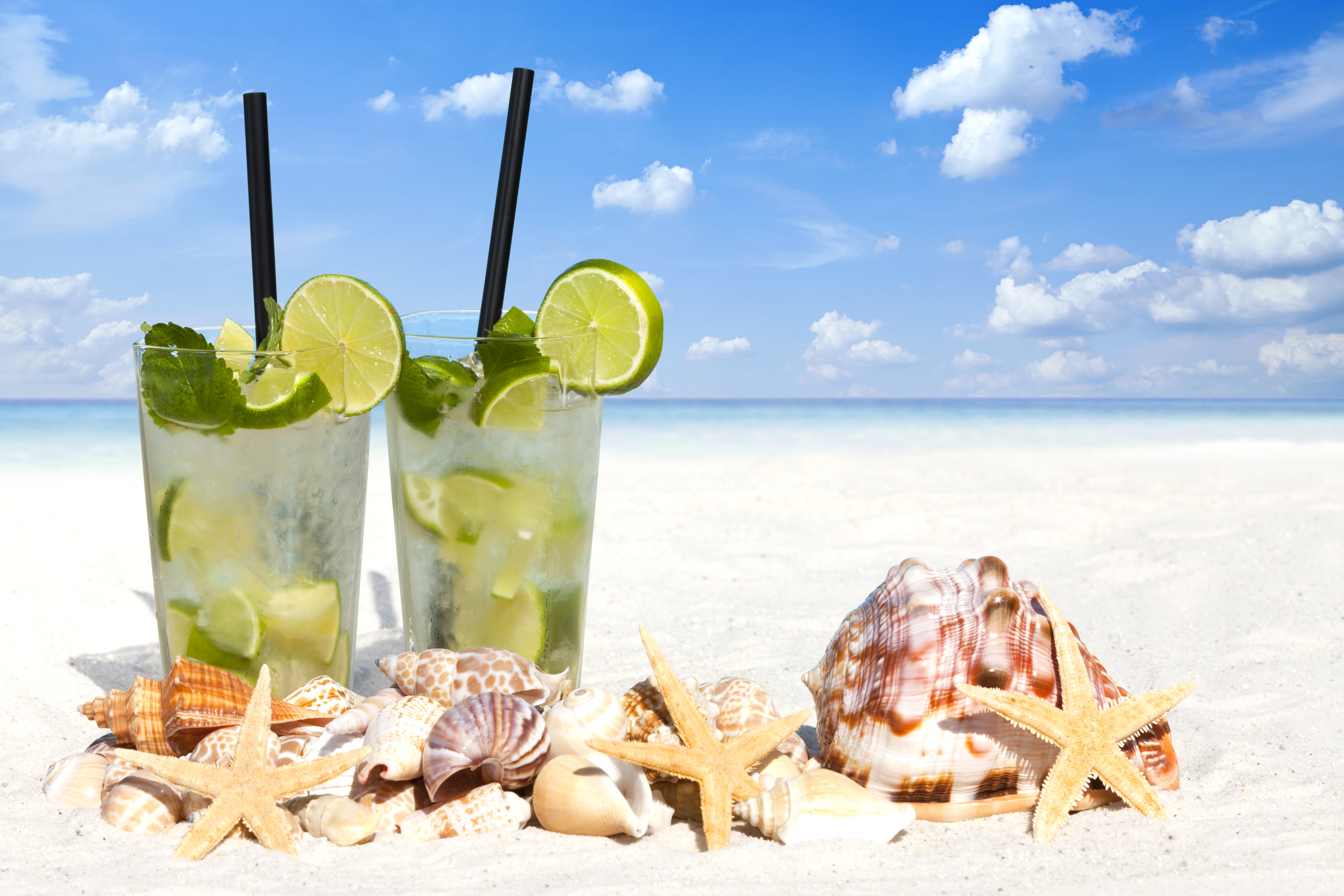Download mobile wallpaper Food, Beach, Summer, Starfish, Horizon, Glass, Shell, Cocktail for free.