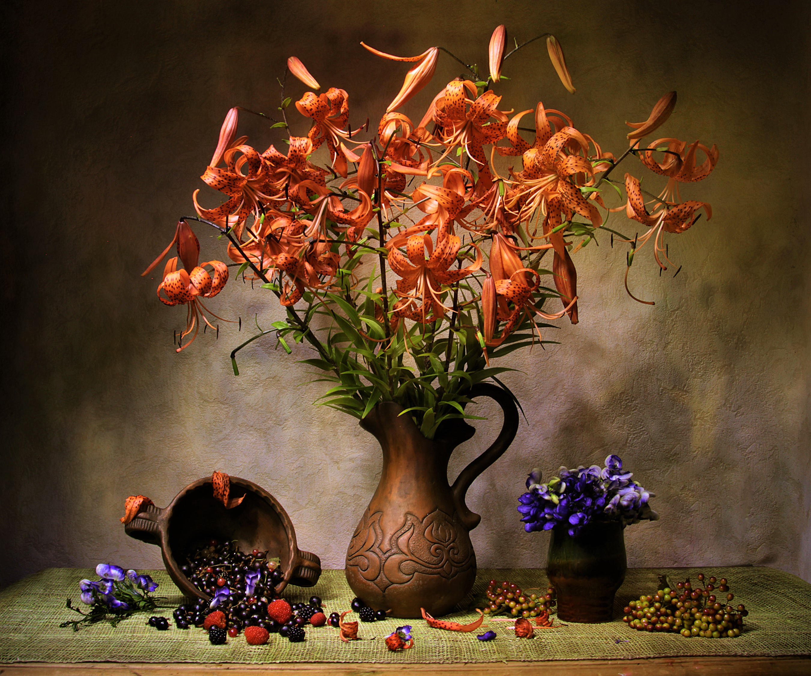 photography, still life, berry, bowl, lily, orange flower, vase