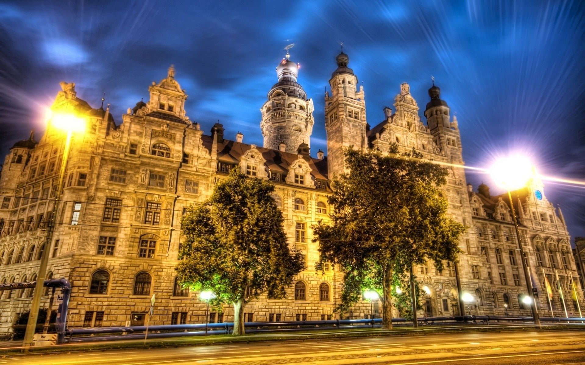 leipzig, germany, building, city lights, cities, night, road, hdr, street