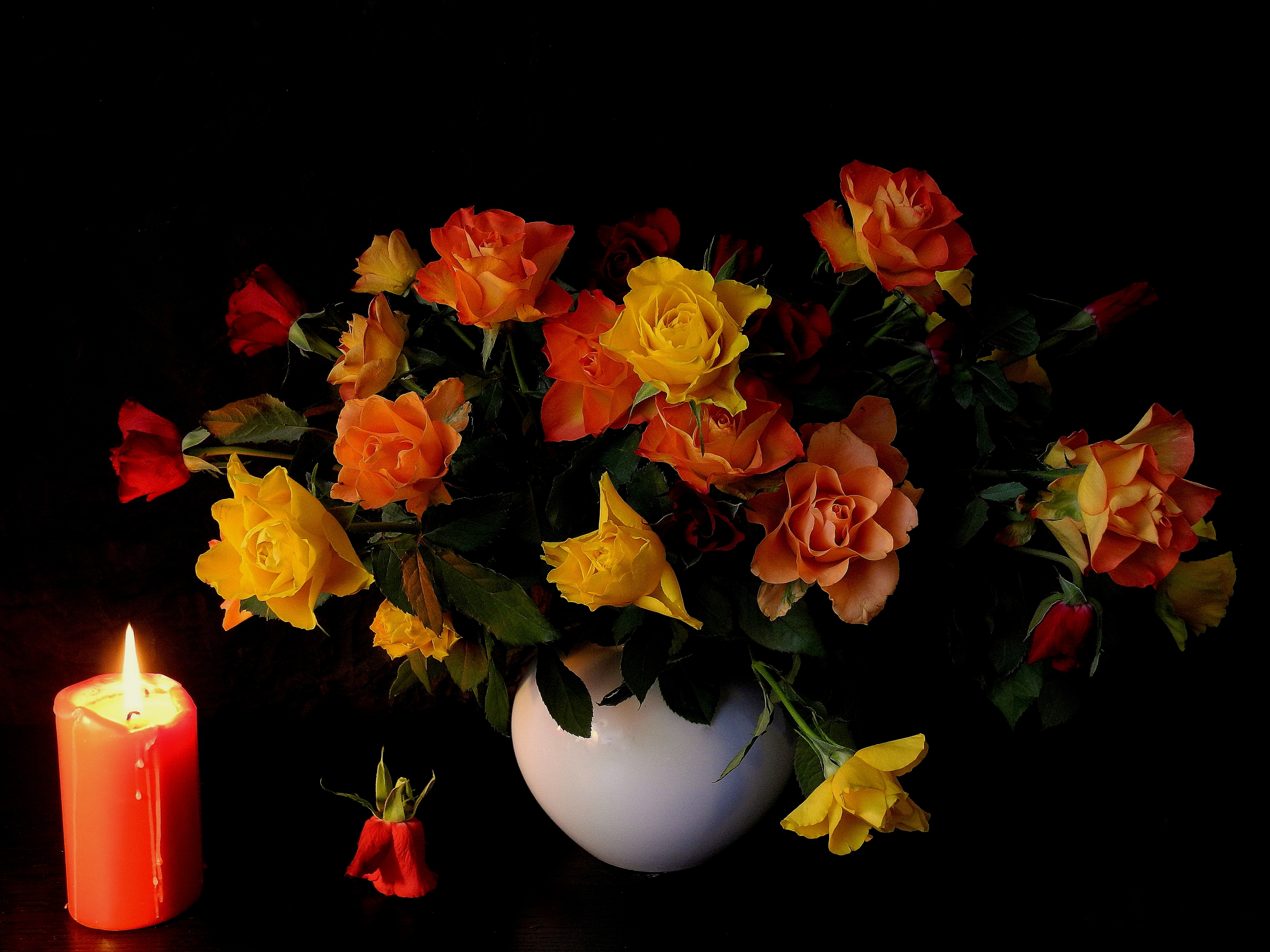 Download mobile wallpaper Still Life, Rose, Colors, Vase, Colorful, Candle, Photography, Yellow Flower, Orange Flower for free.