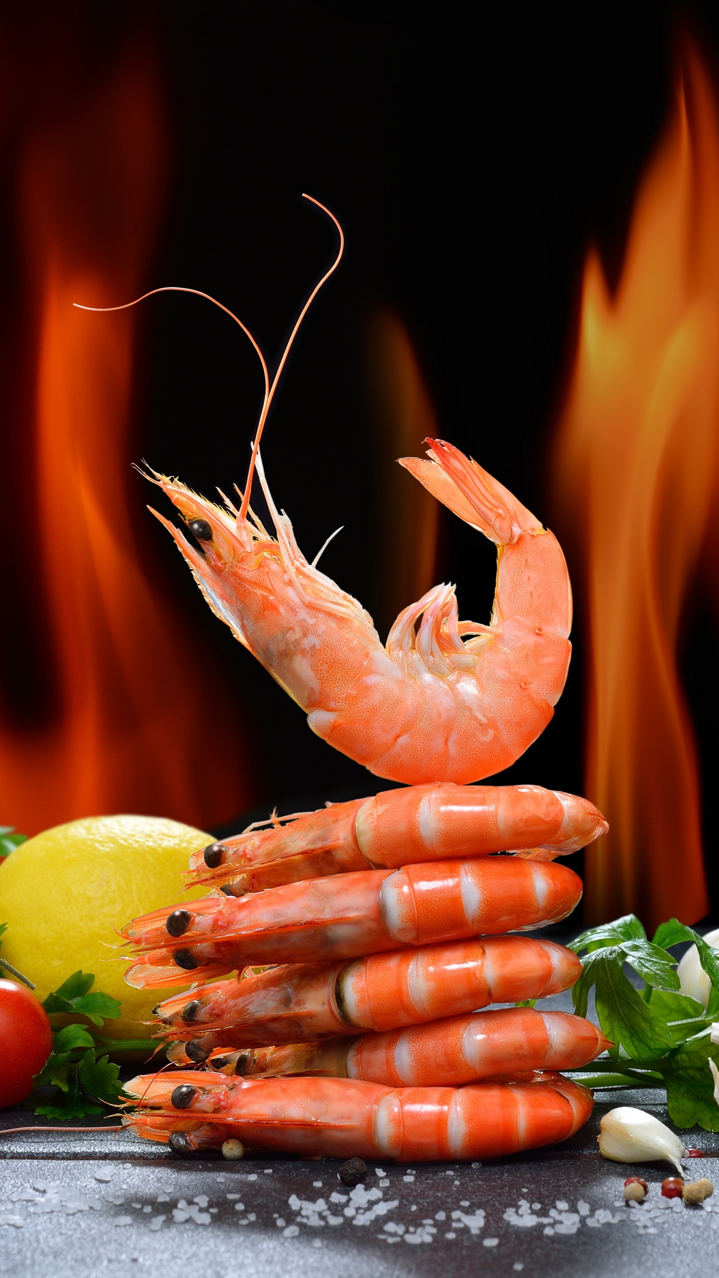 Download mobile wallpaper Food, Still Life, Flame, Shrimp, Seafood for free.