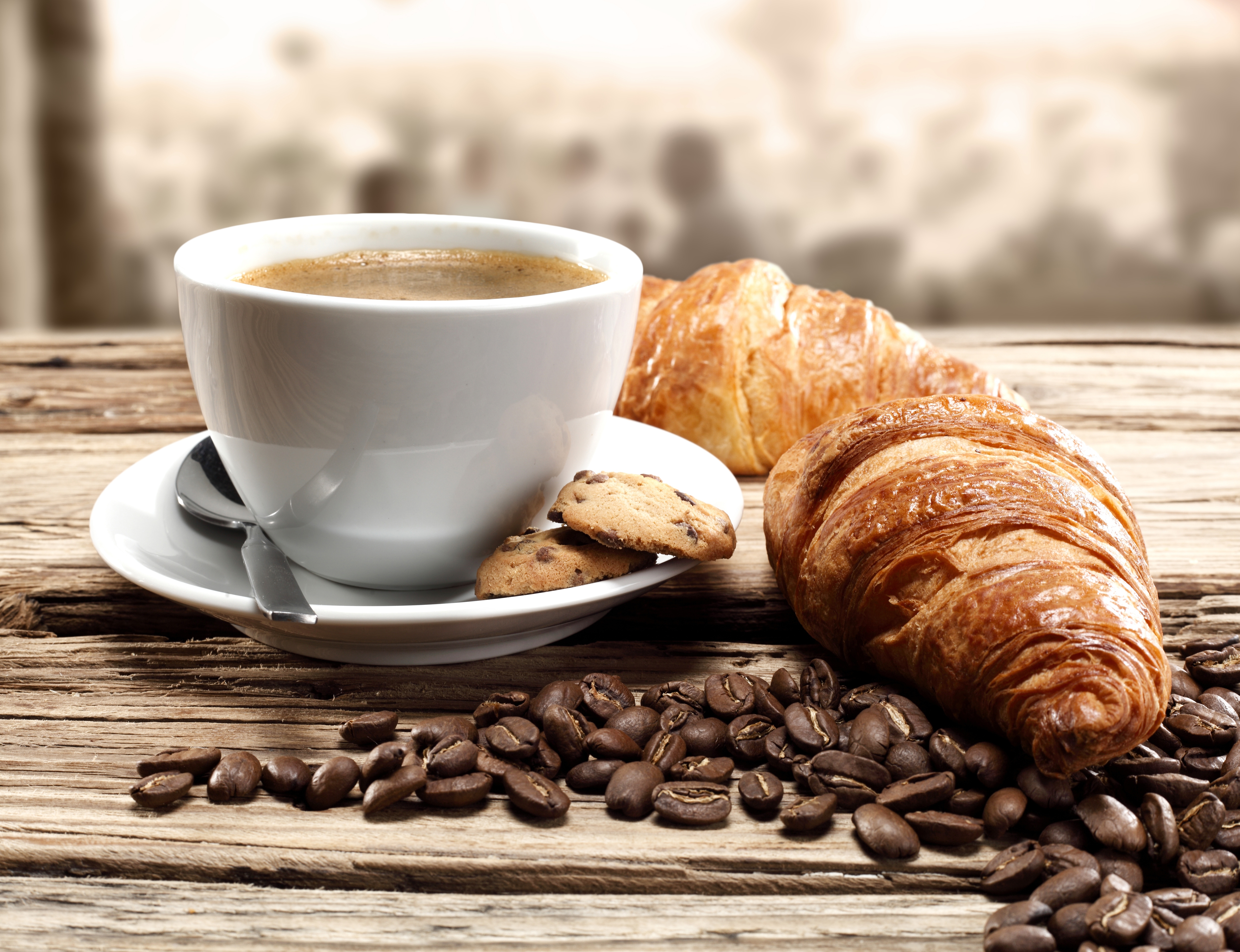 Download mobile wallpaper Food, Coffee, Cup, Coffee Beans, Breakfast, Croissant for free.