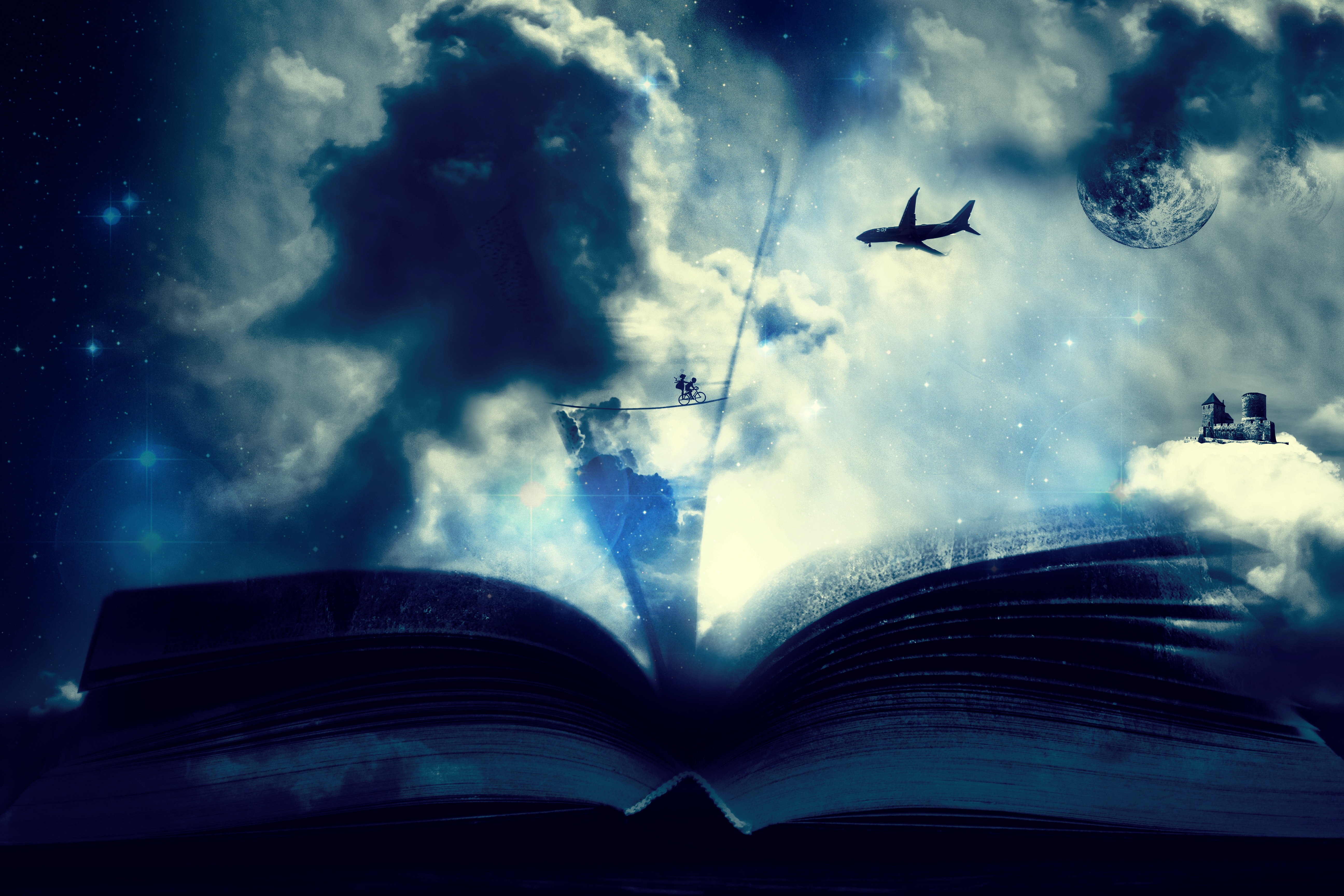 book, plane, fantasy, art, clouds, airplane, bicycle
