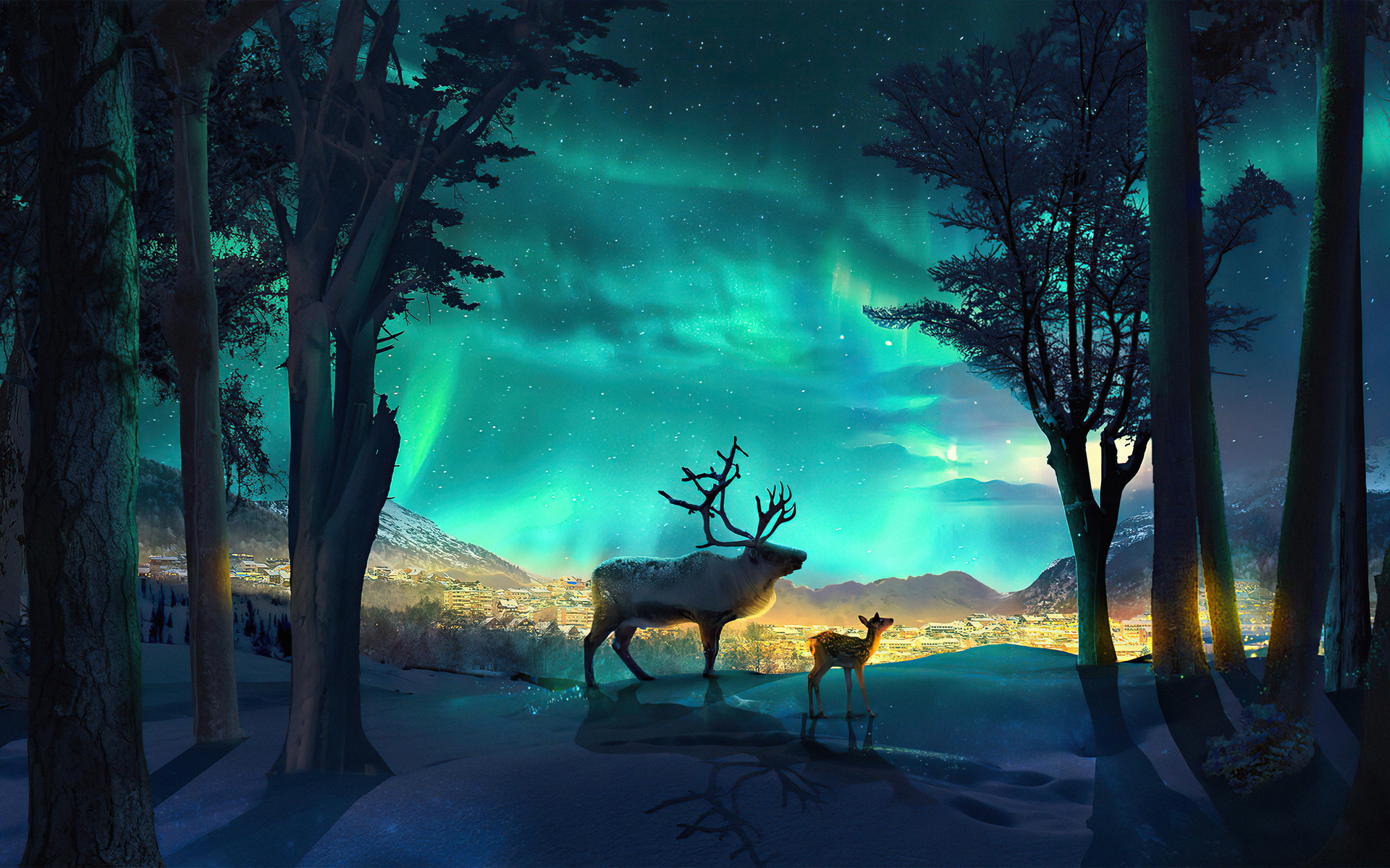 無料モバイル壁紙ファンタジー, 鹿, オーロラ, ファンタジー動物をダウンロードします。