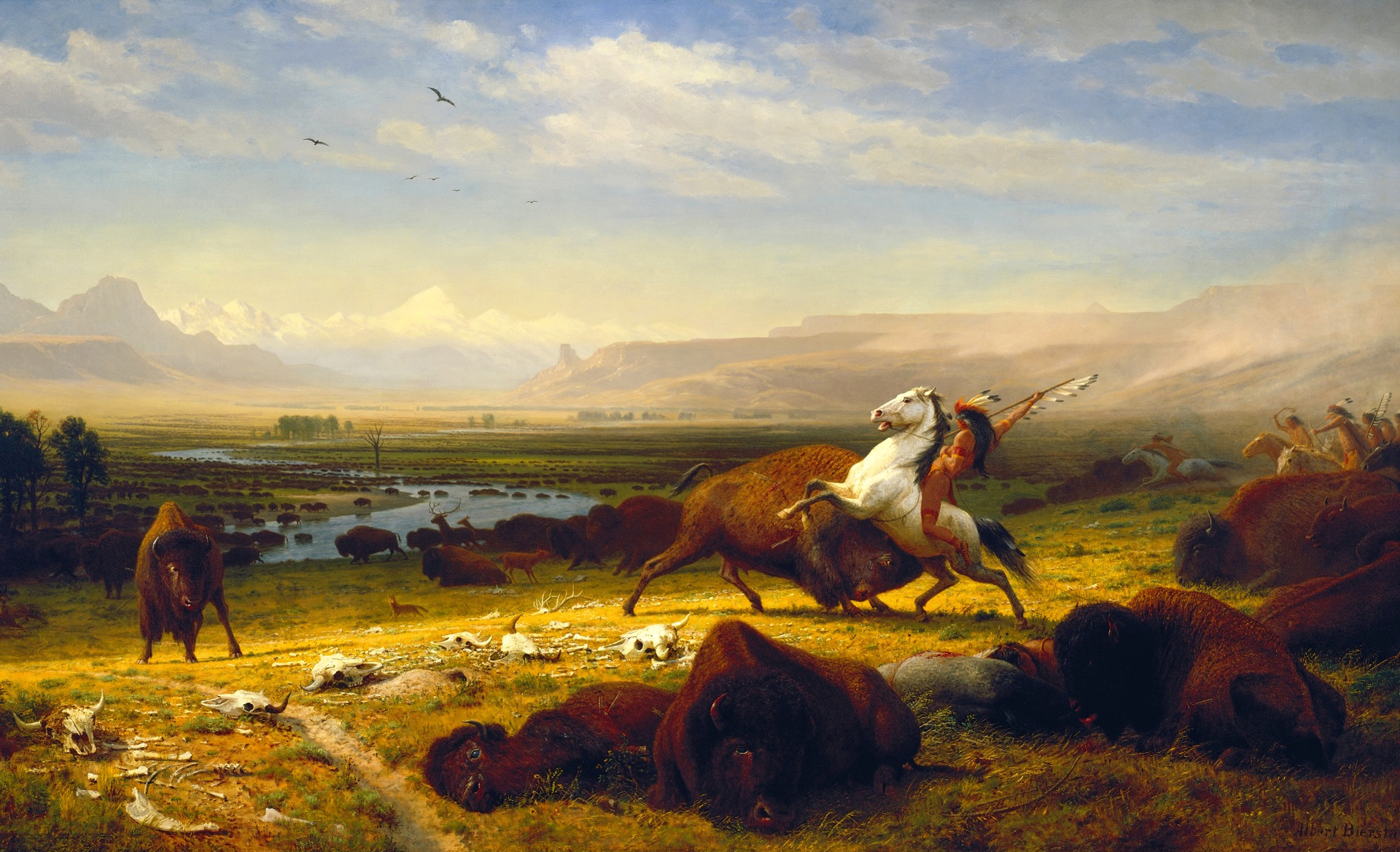 764619 Hintergrundbild herunterladen indianer, künstlerisch, malerei, amerikanischer bison, landschaft - Bildschirmschoner und Bilder kostenlos