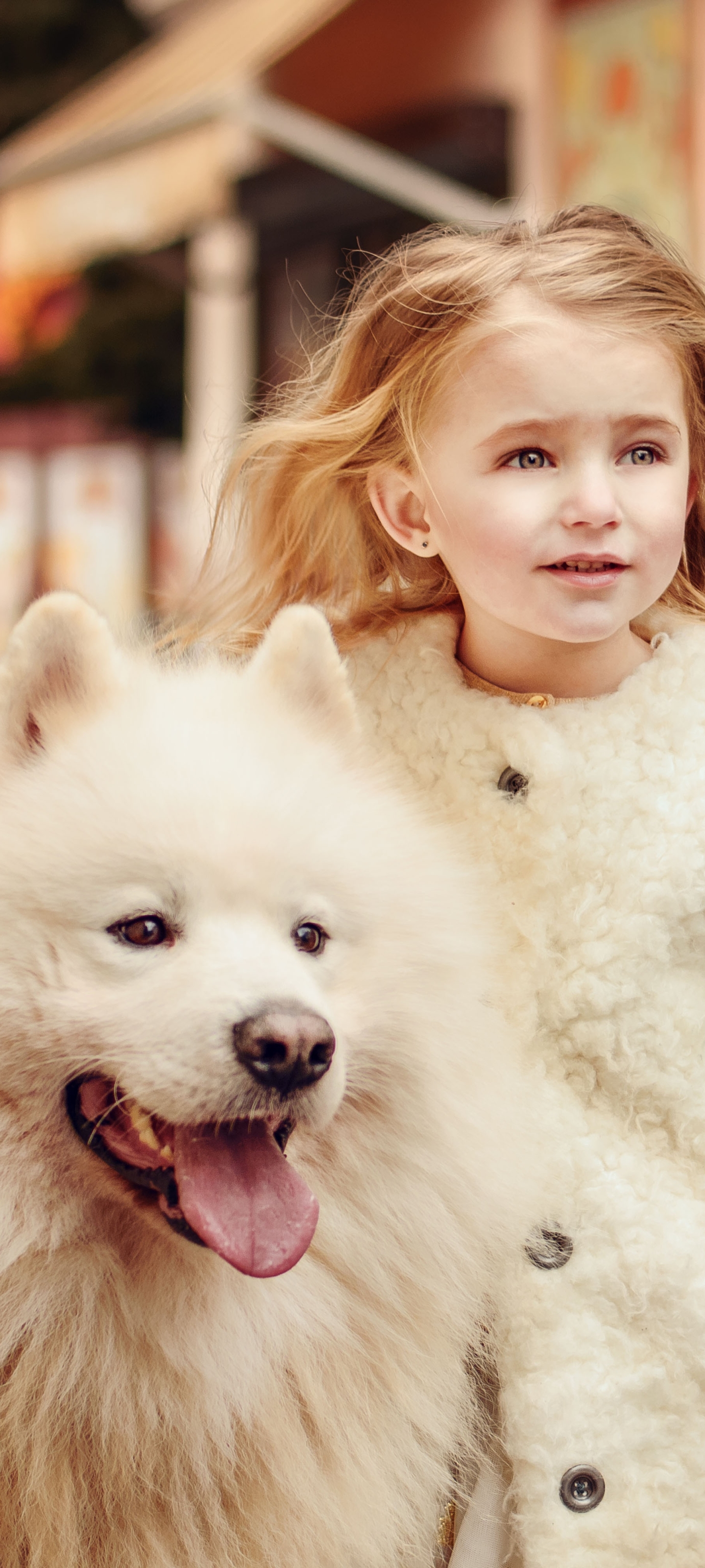 Handy-Wallpaper Hund, Kind, Stimmung, Fotografie, Samojede kostenlos herunterladen.