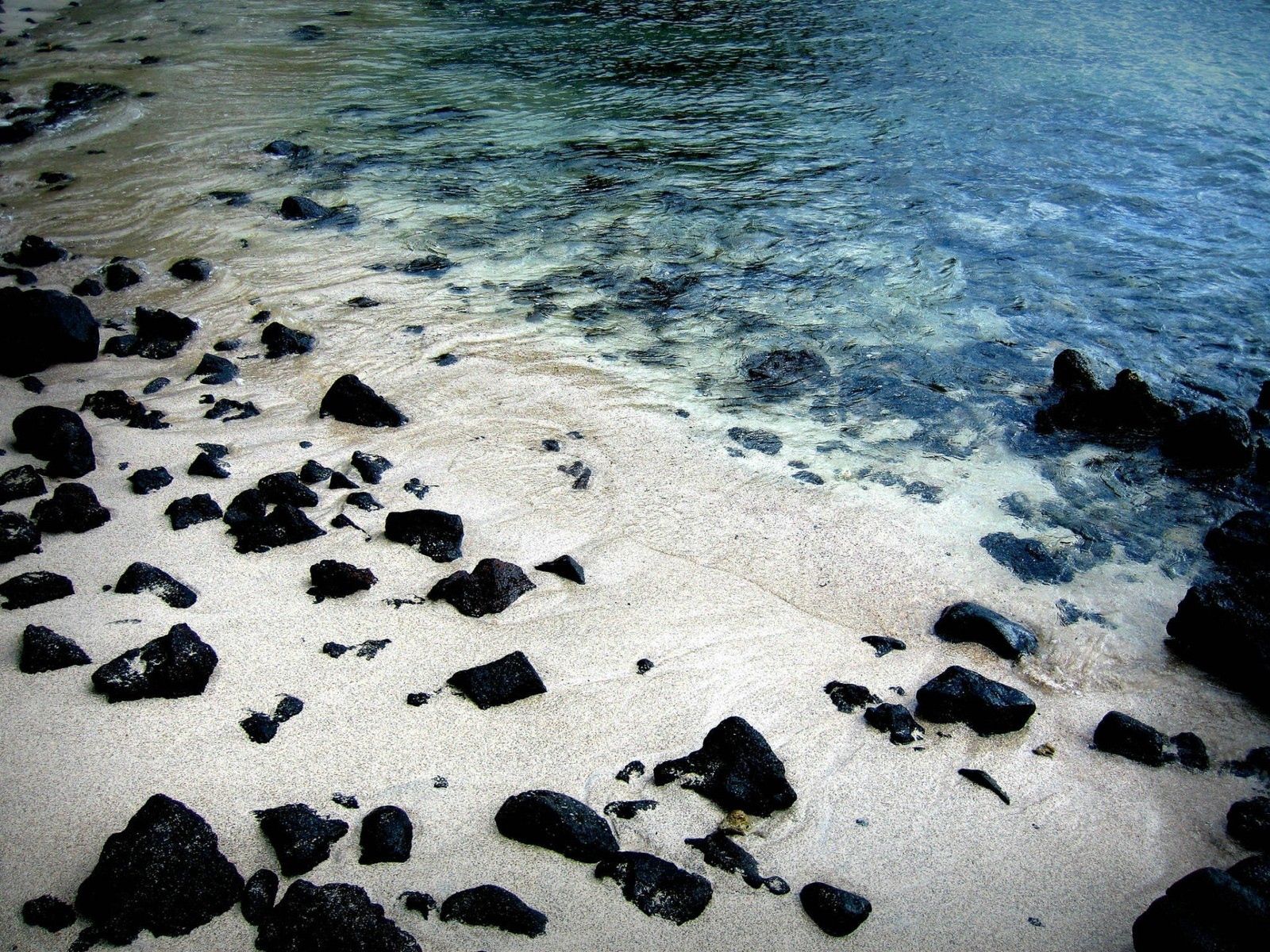 bank, nature, water, stones, sand, black, shore Full HD