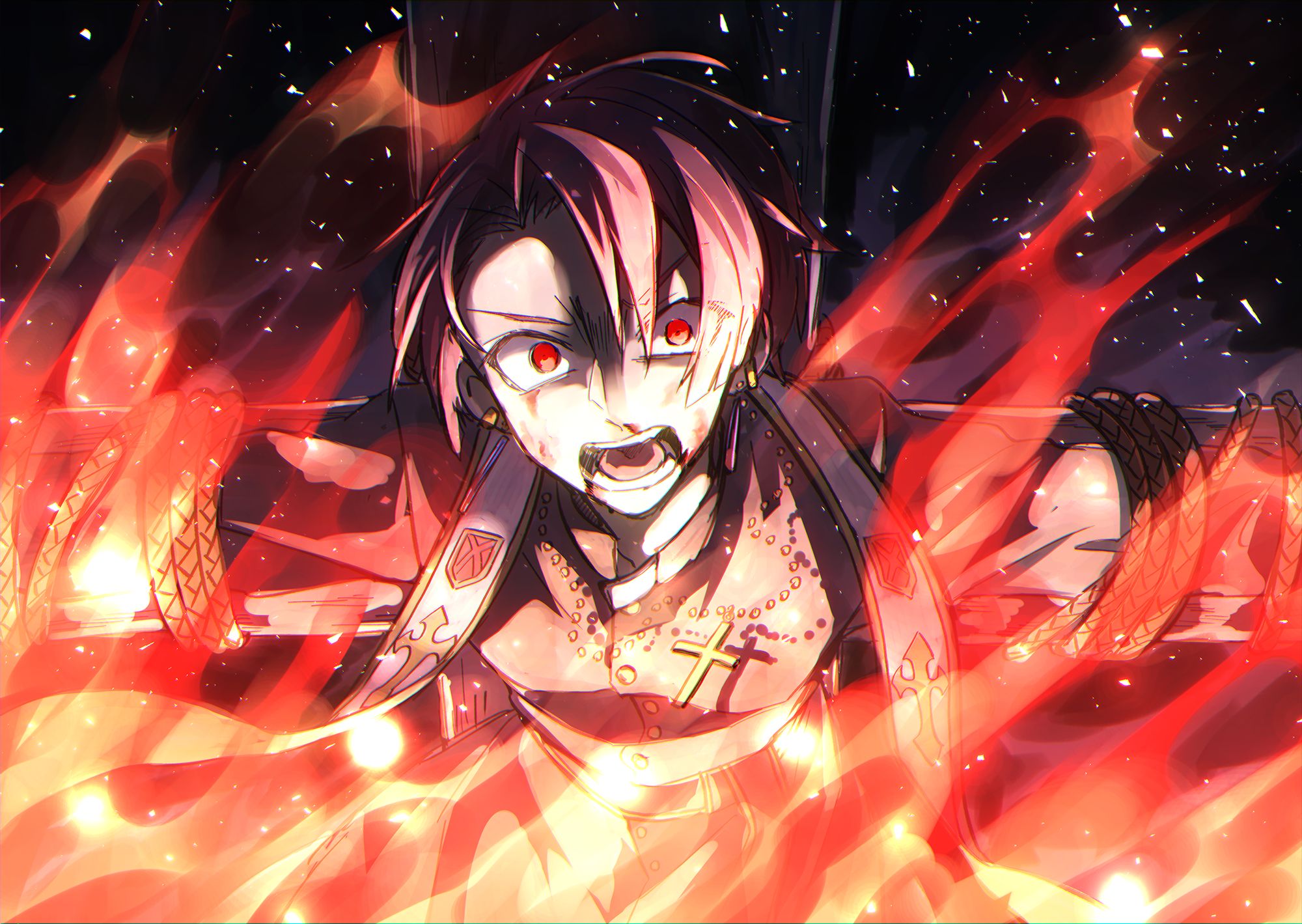 Laden Sie das Flamme, Kreuz, Original, Rote Augen, Animes-Bild kostenlos auf Ihren PC-Desktop herunter