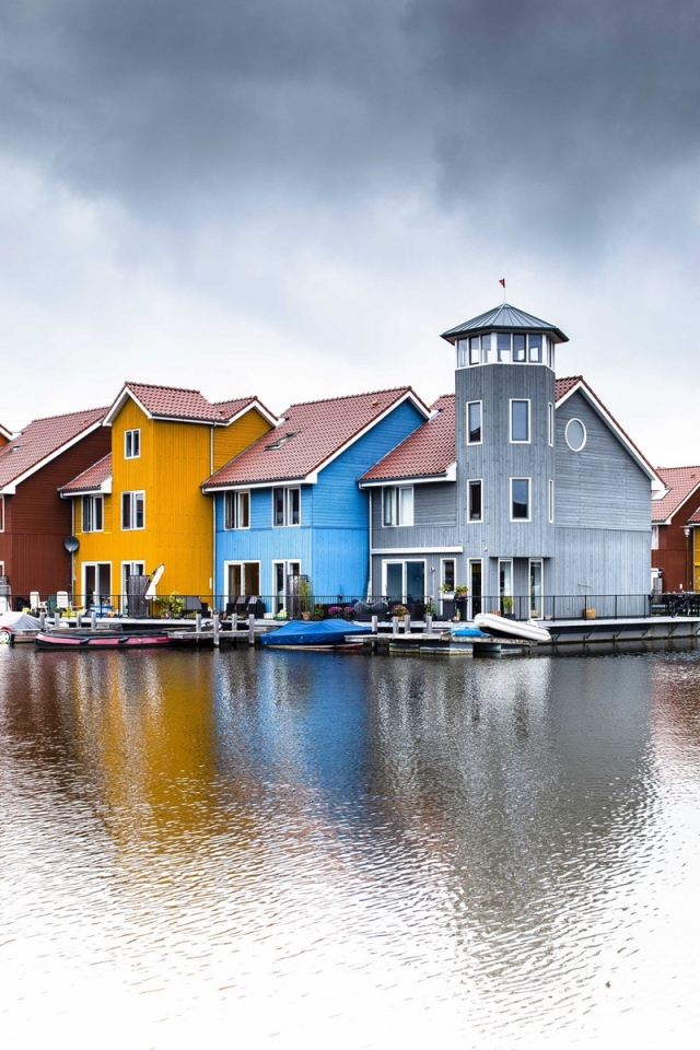 Download mobile wallpaper Lake, House, Colors, Colorful, Town, Man Made, Towns for free.