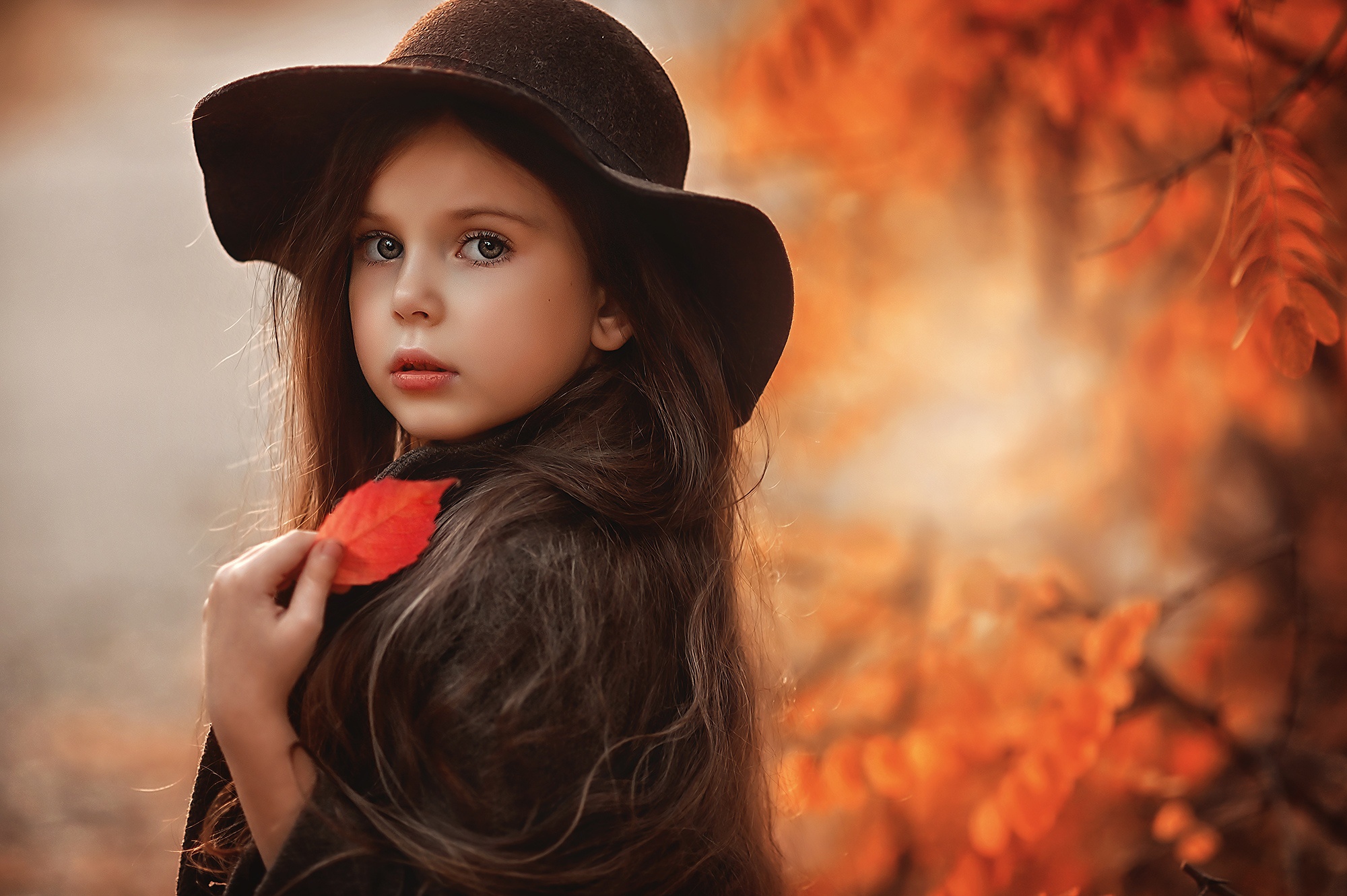 Free download wallpaper Leaf, Child, Hat, Photography, Long Hair on your PC desktop