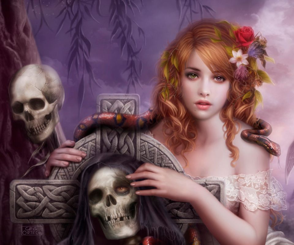 Free download wallpaper Fantasy, Gothic, Flower, Snake, Skull, Skeleton, Women, Cross, Heterochromia on your PC desktop