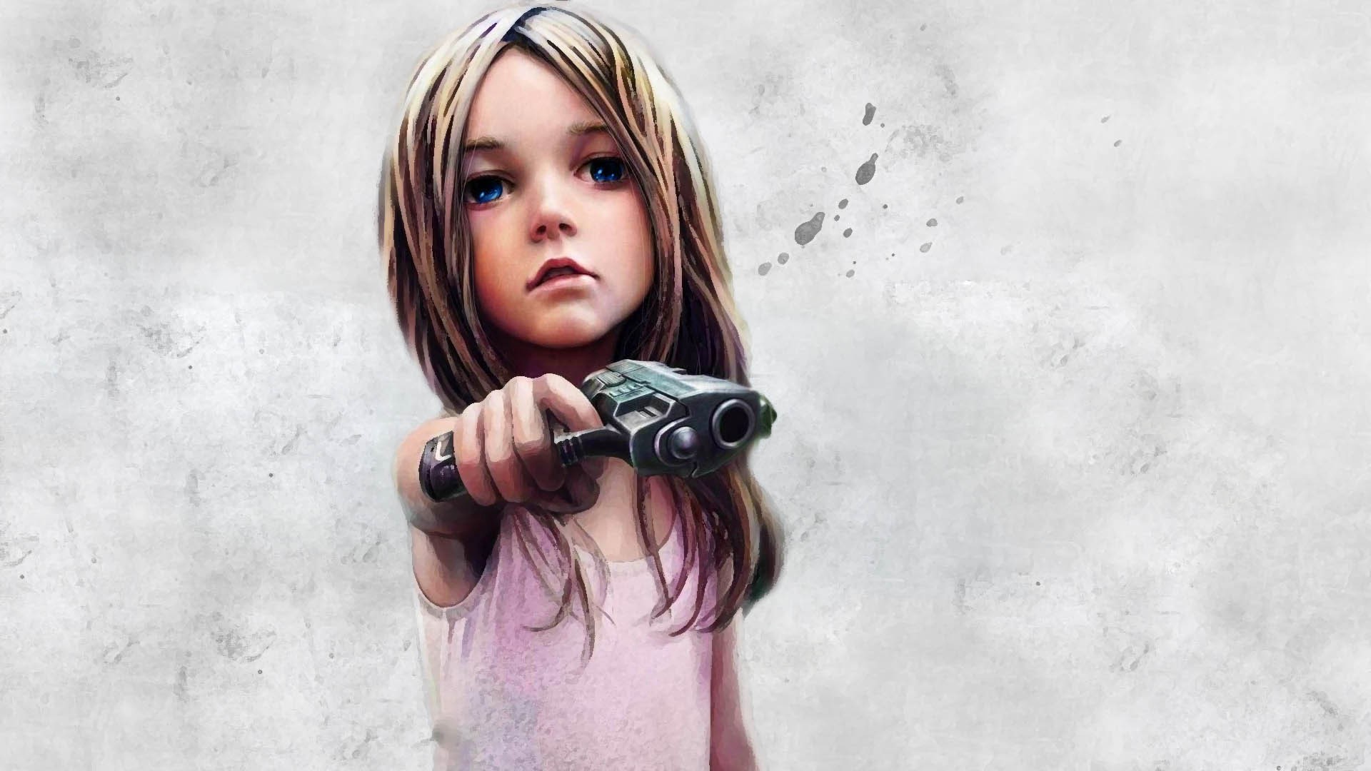 Laden Sie das Fantasie, Kinder, Blaue Augen, Pistole, Kleines Mädchen-Bild kostenlos auf Ihren PC-Desktop herunter