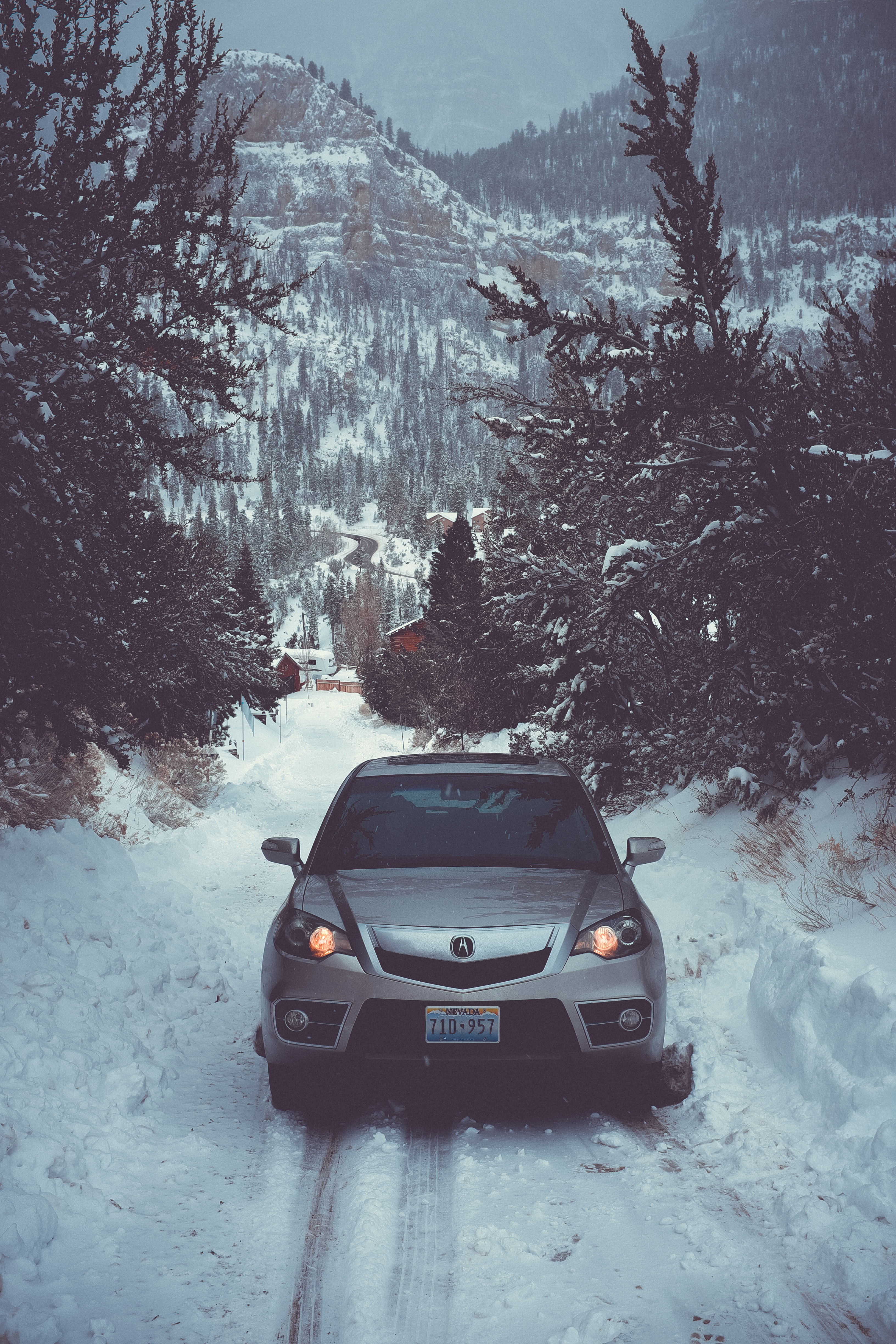 Скачать картинку Снег, Деревья, Тачки (Cars), Вид Спереди, Зима, Машины в телефон бесплатно.