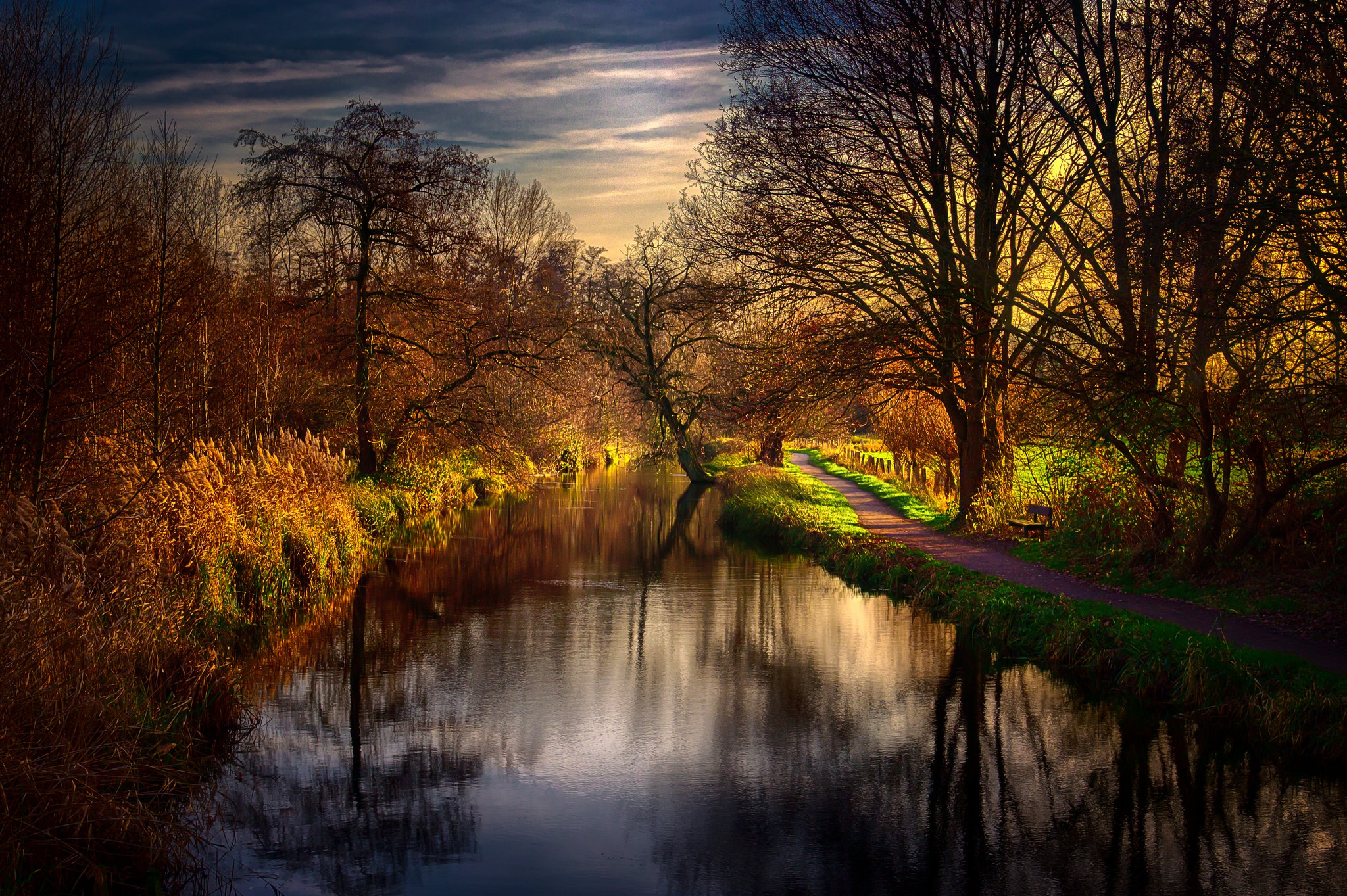 Download mobile wallpaper Nature, Reflection, Tree, Earth, Path, River for free.