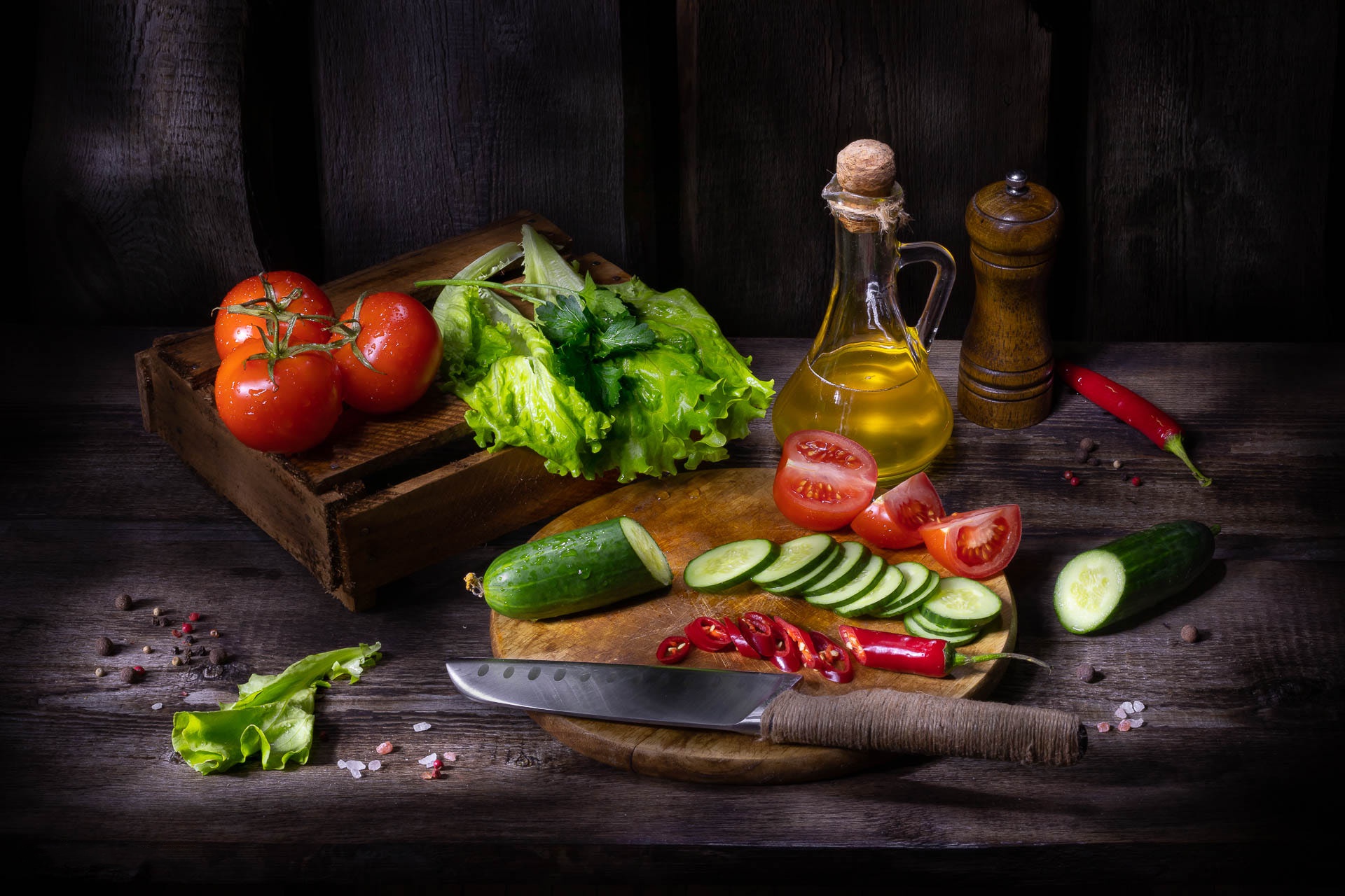 Free download wallpaper Food, Still Life, Oil, Tomato, Cucumber on your PC desktop