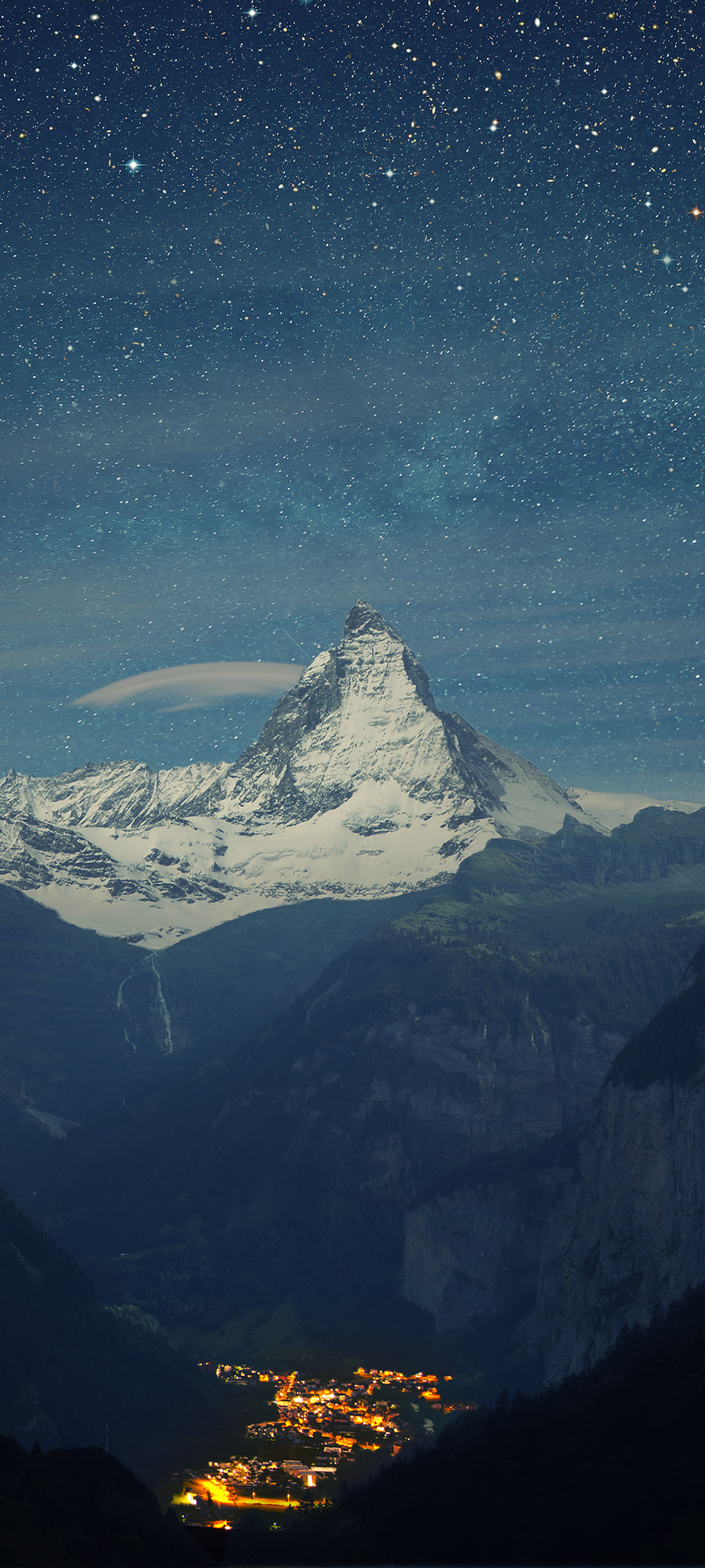 Download mobile wallpaper Landscape, Night, Mountain, Peak, Starry Sky, Switzerland, Valley, Photography, Matterhorn for free.