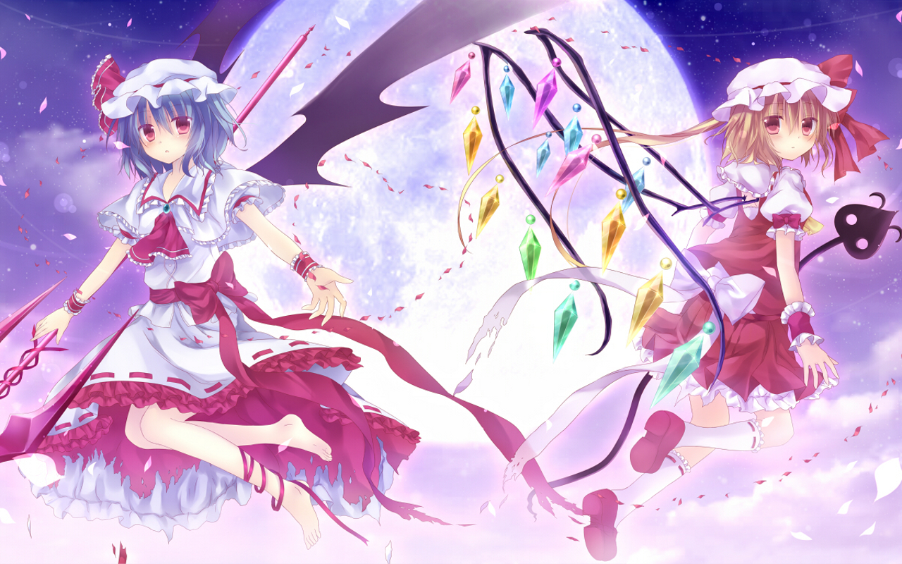 Download mobile wallpaper Anime, Sky, Night, Moon, Wings, Feet, Remilia Scarlet, Flandre Scarlet, Touhou, Barefoot for free.