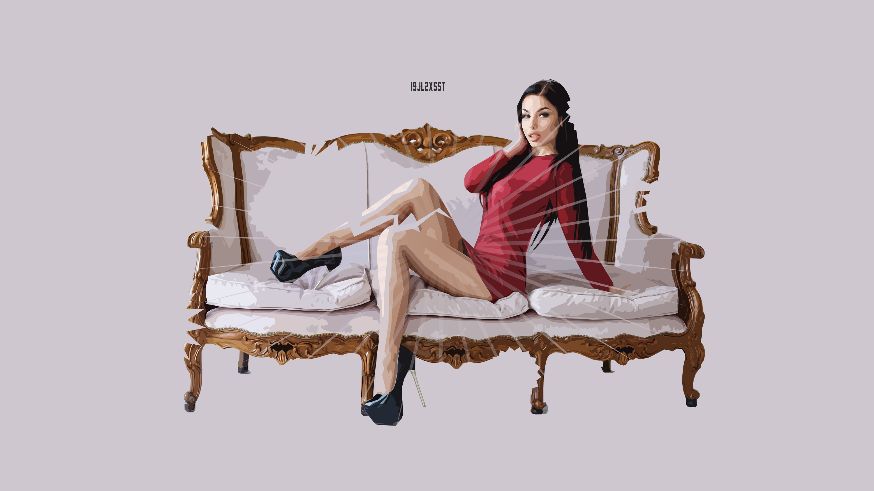 Download mobile wallpaper Vector, Sofa, Artistic, Fashion, Model, Women, Red Dress for free.