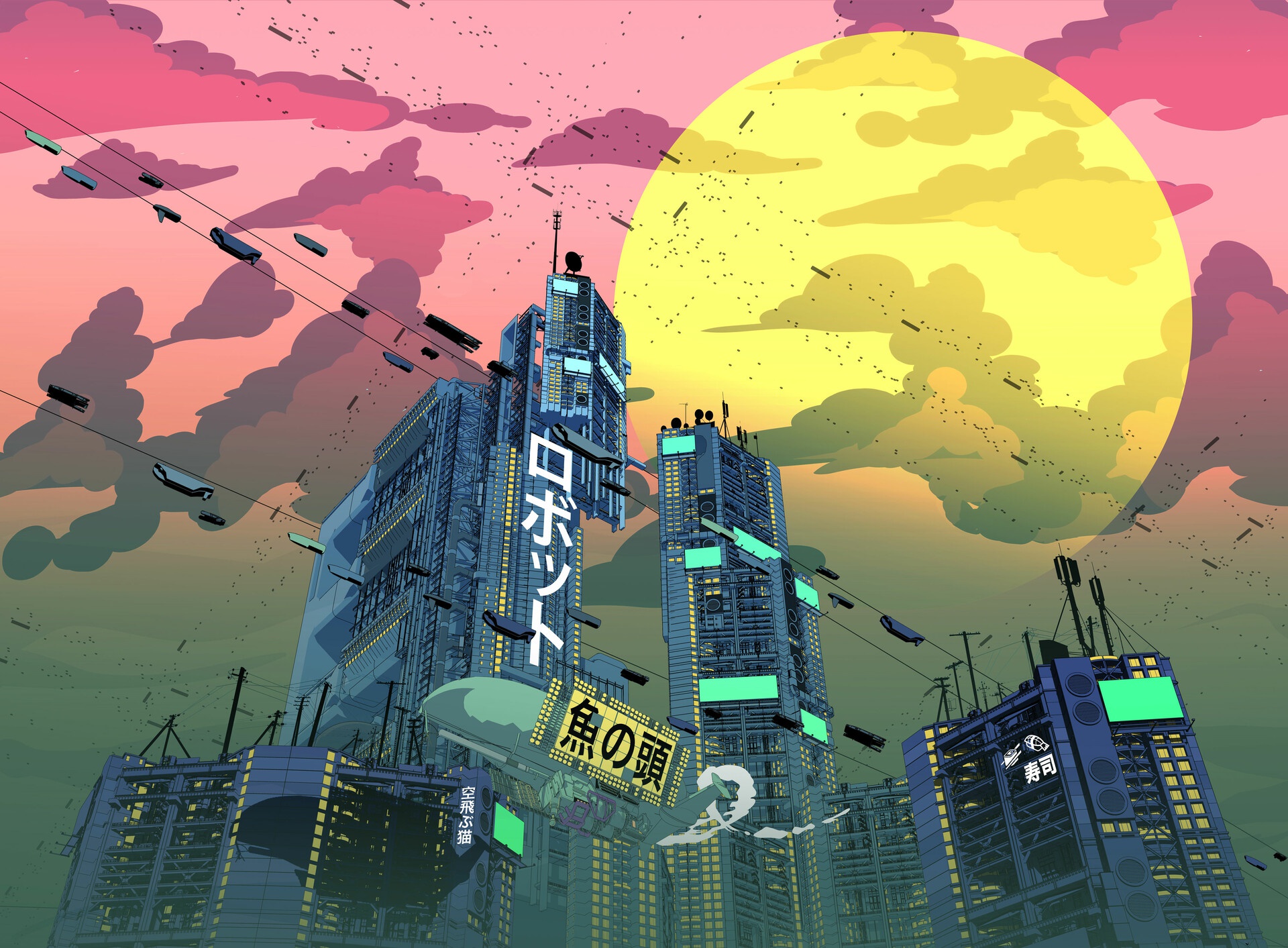 futuristic, skyscraper, japanese, sci fi, city, building, cloud, sun