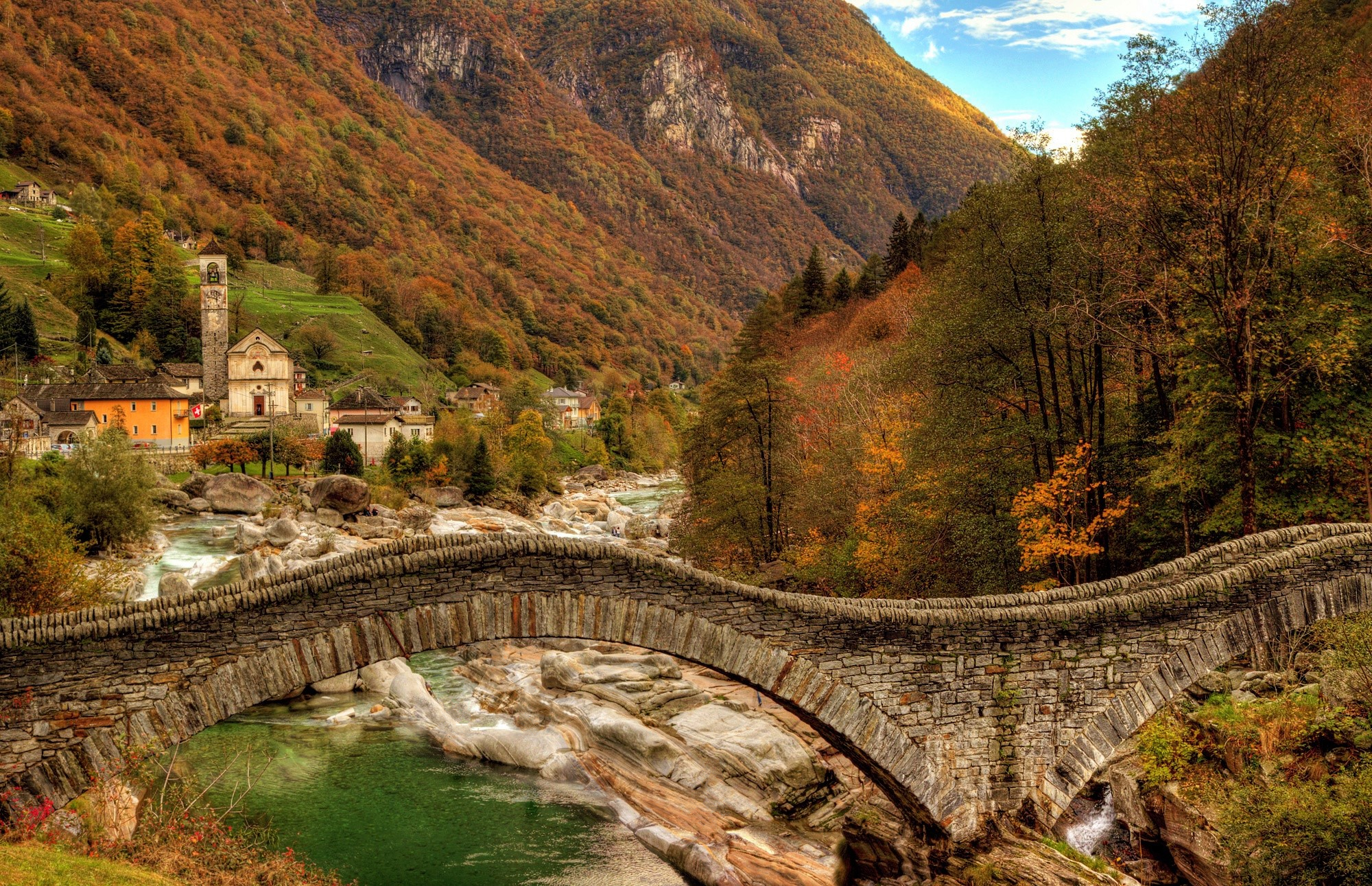 Download mobile wallpaper Mountain, Fall, Bridge, Switzerland, Hdr, River, Town, Man Made, Towns for free.