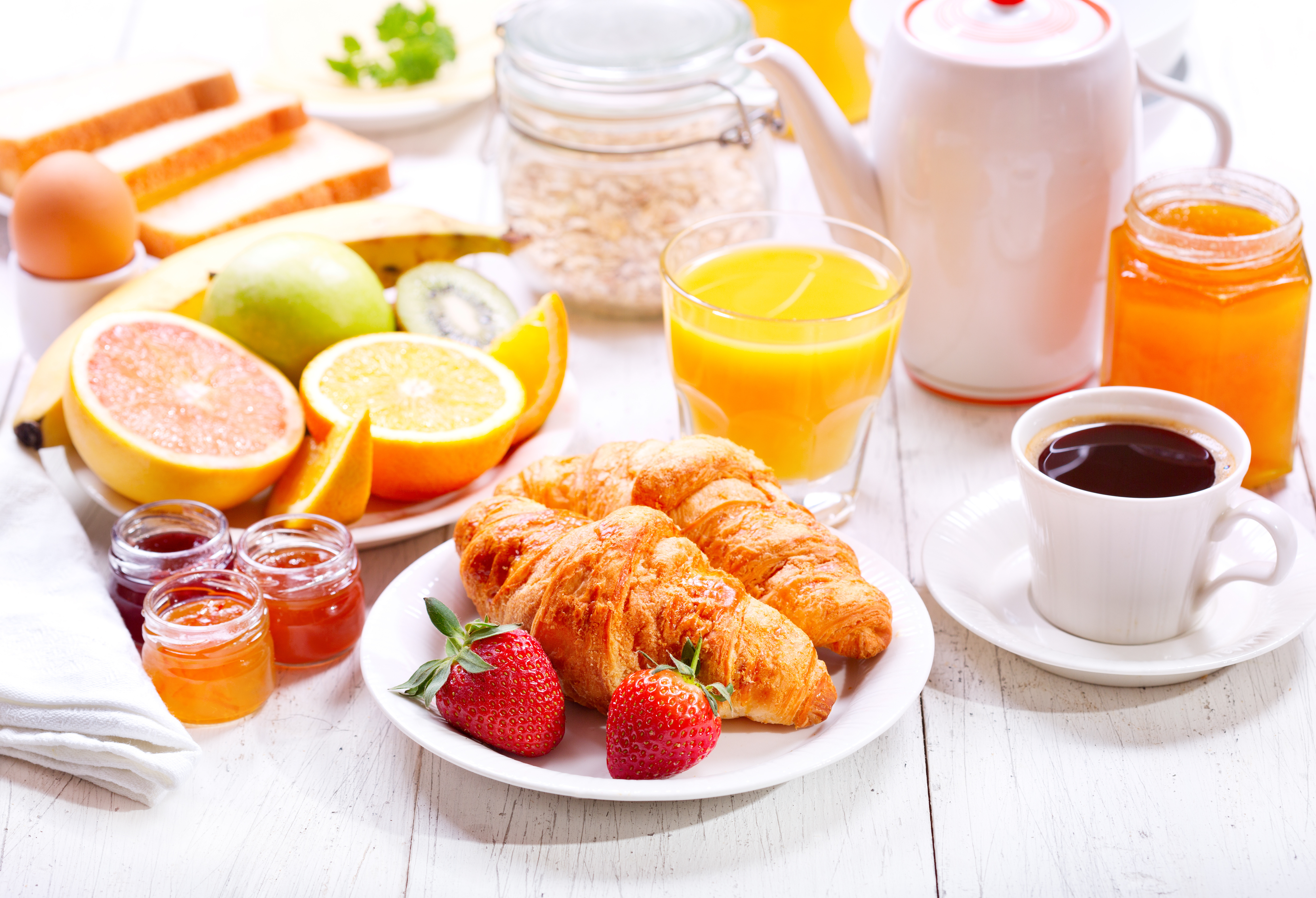 Download mobile wallpaper Food, Coffee, Still Life, Fruit, Breakfast, Croissant, Juice for free.