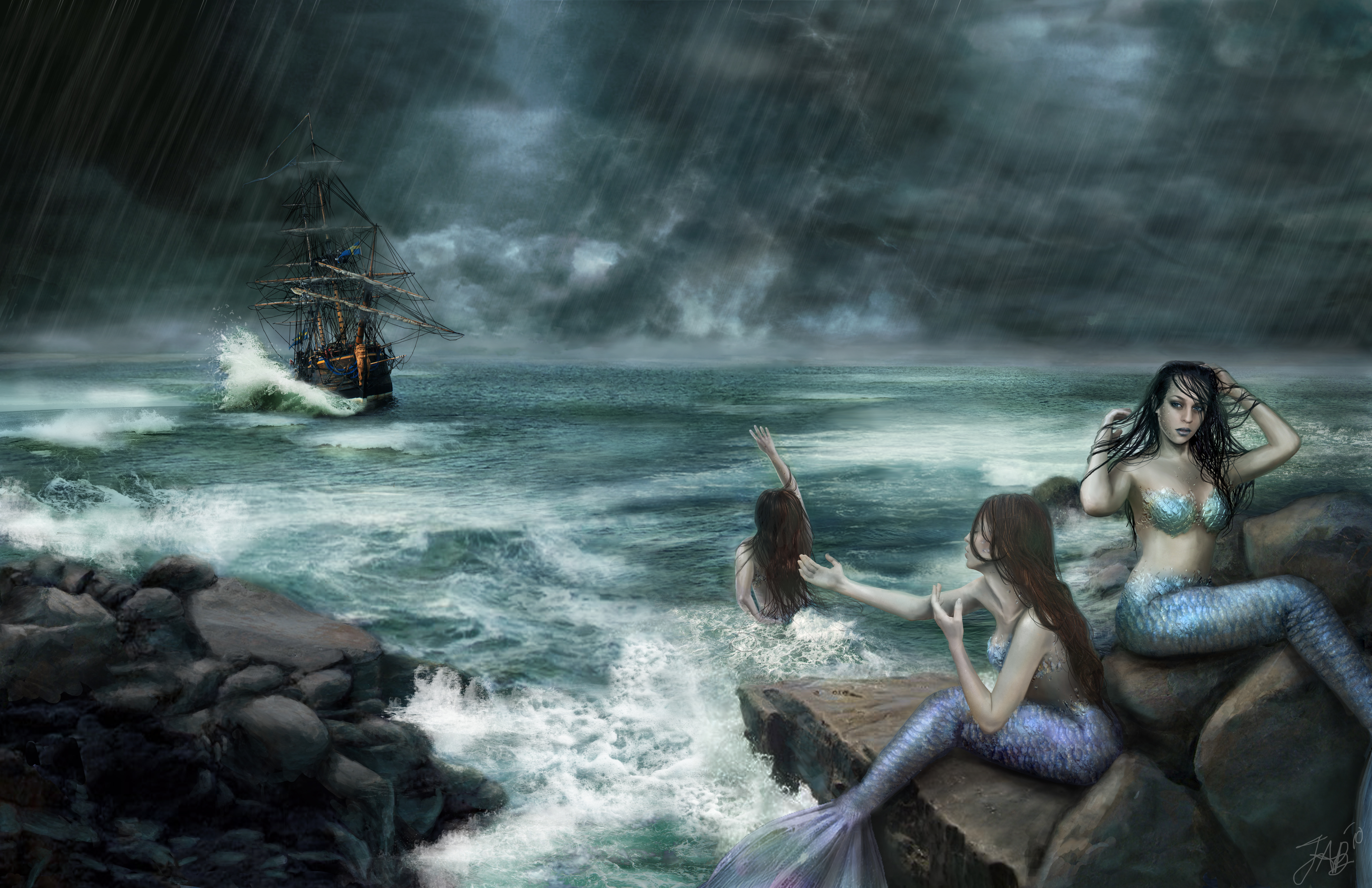 Laden Sie das Fantasie, Ozean, Segelboot, Schiff, Sturm, Meerjungfrau-Bild kostenlos auf Ihren PC-Desktop herunter