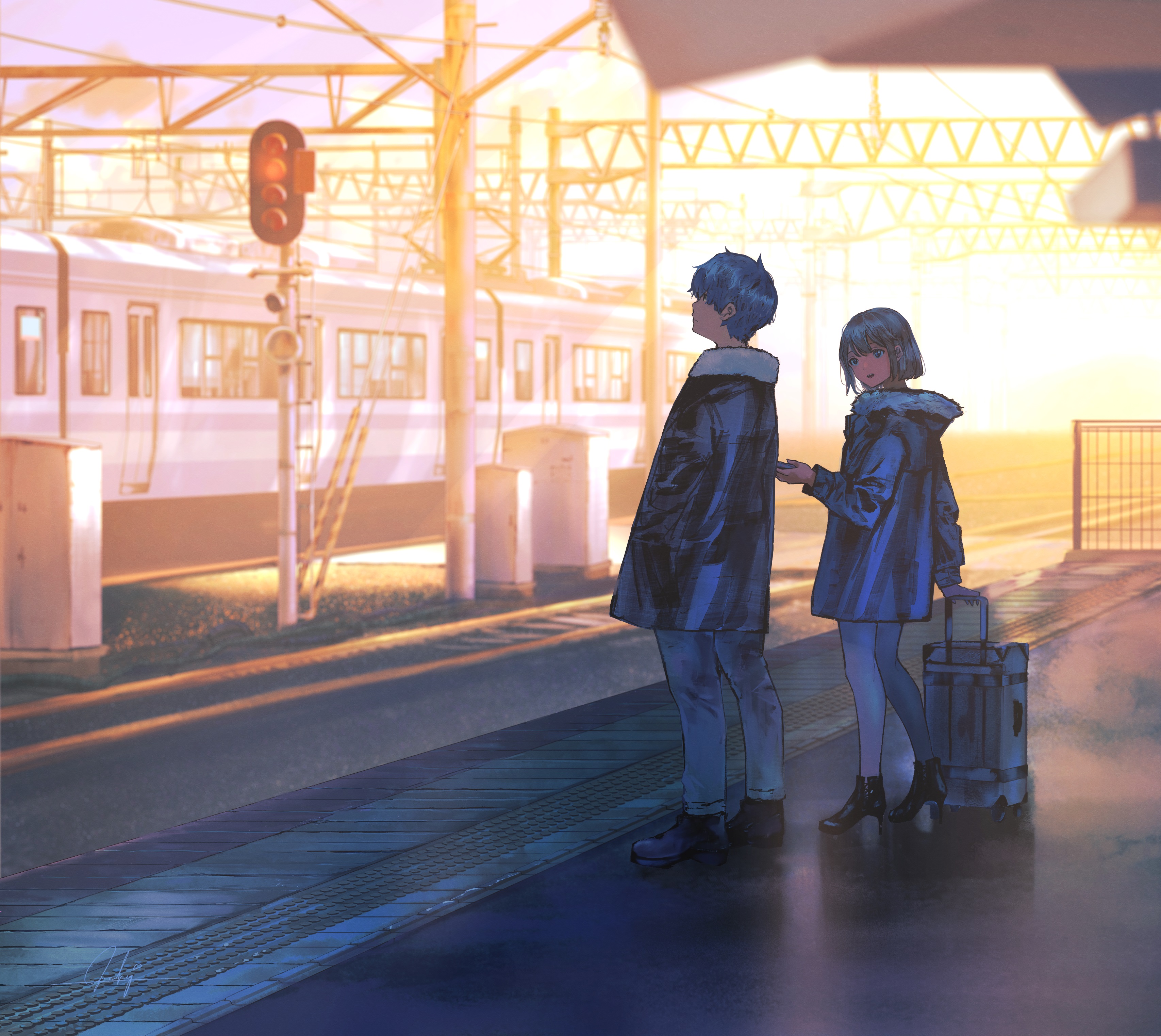 Laden Sie das Paar, Bahnhof, Sonnenuntergang, Animes-Bild kostenlos auf Ihren PC-Desktop herunter